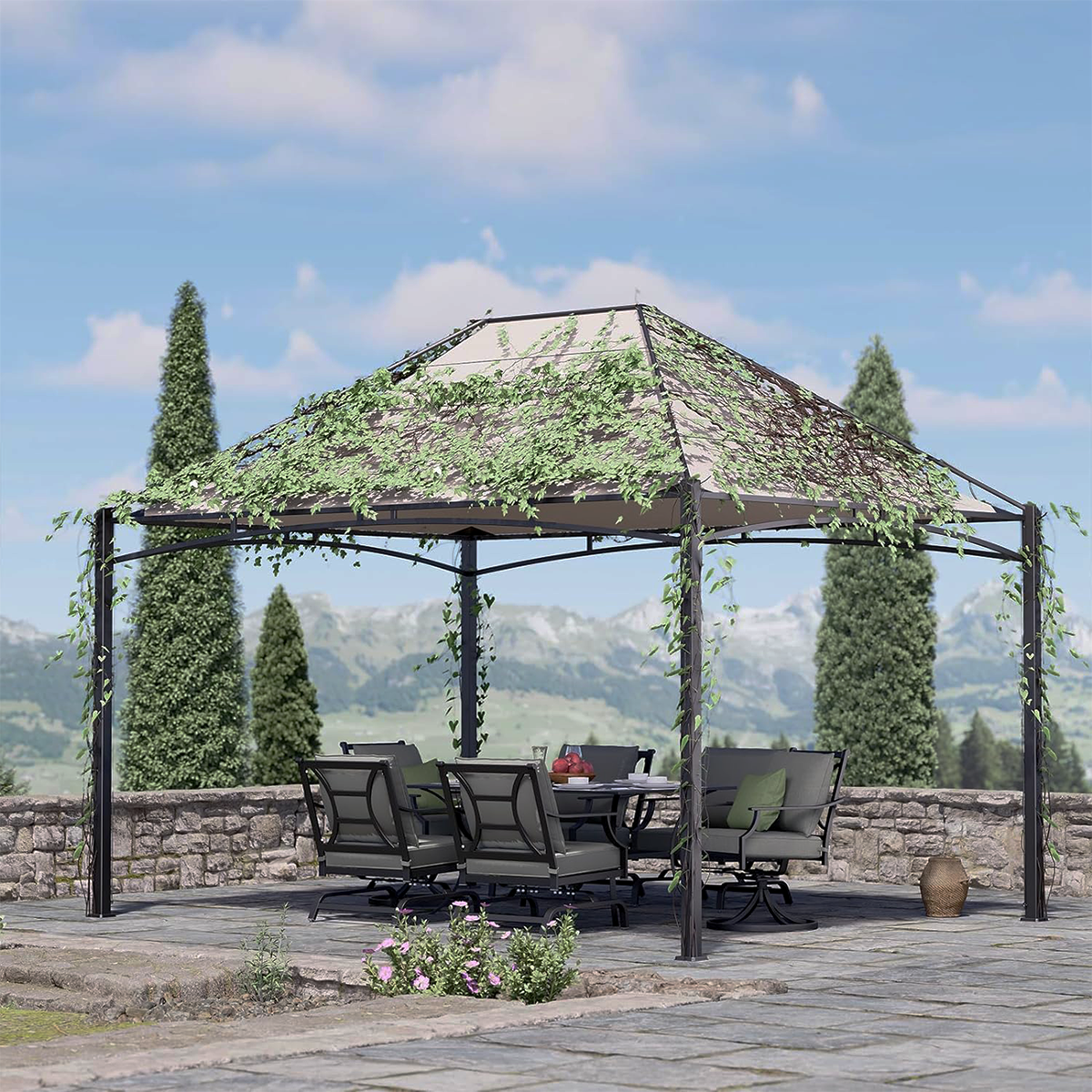 10x13 FT All Iron Climbing Plant Pergola with Curved Roof For Outdoor Shade  For Lawn, Garden, Backyard