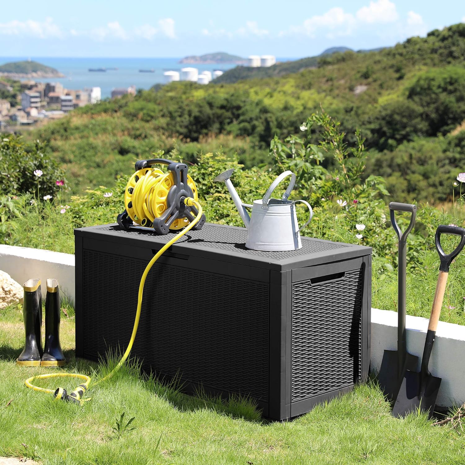 100 Gallon Rattan Resin Deck Box – Lockable & Weatherproof Outdoor Storage with Gas Lift Support