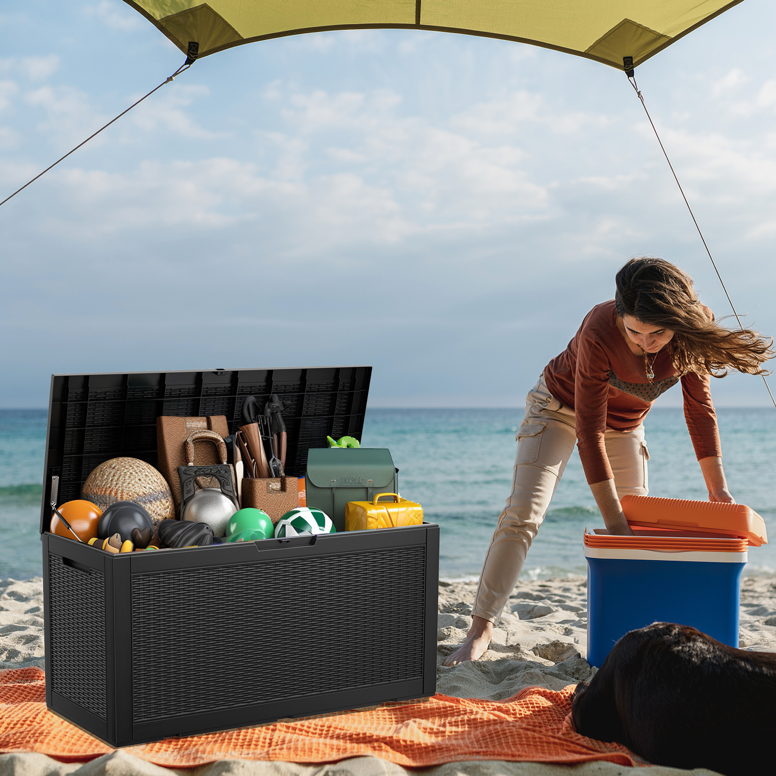 100 Gallon Rattan Resin Deck Box – Lockable & Weatherproof Outdoor Storage with Gas Lift Support