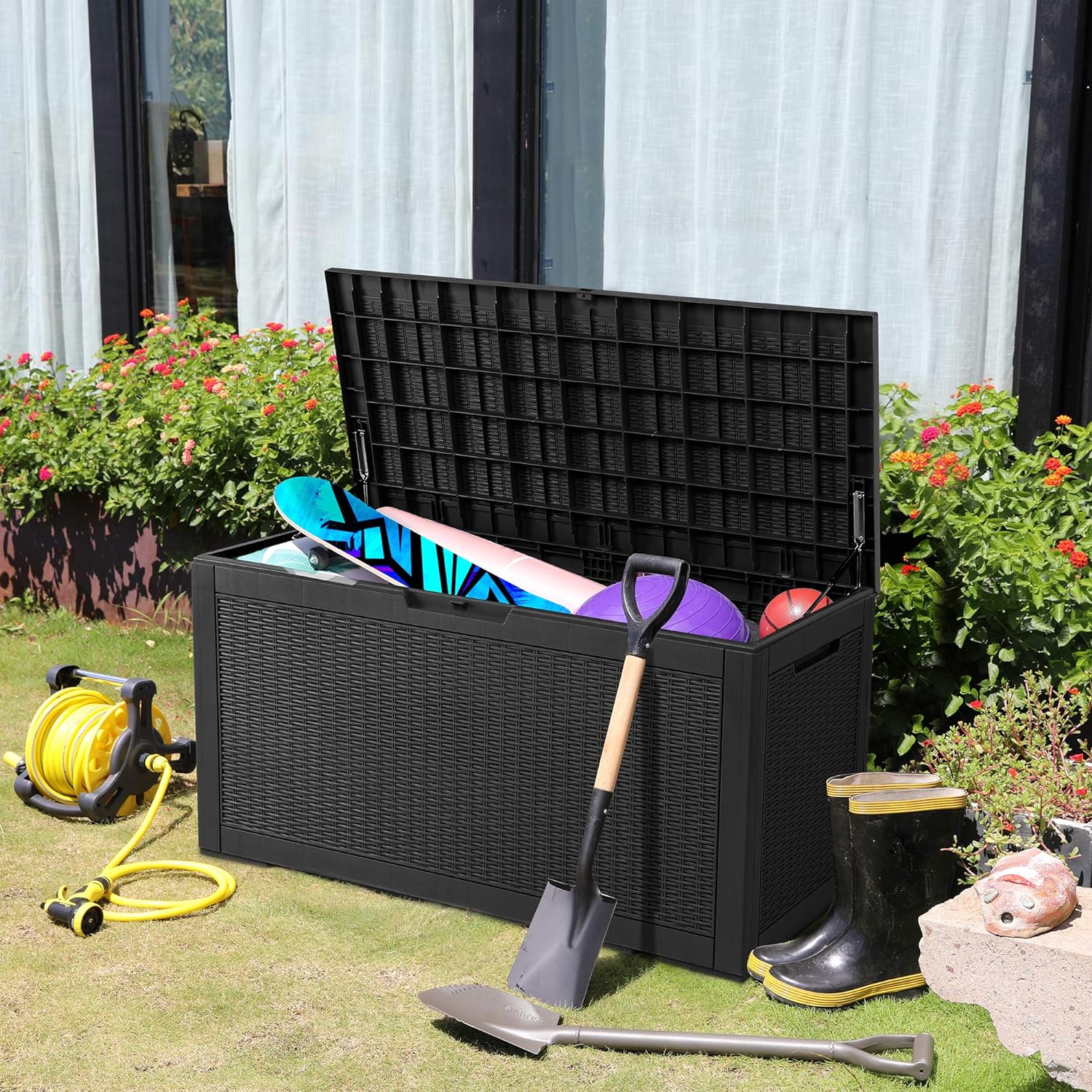 100 Gallon Rattan Resin Deck Box – Lockable & Weatherproof Outdoor Storage with Gas Lift Support