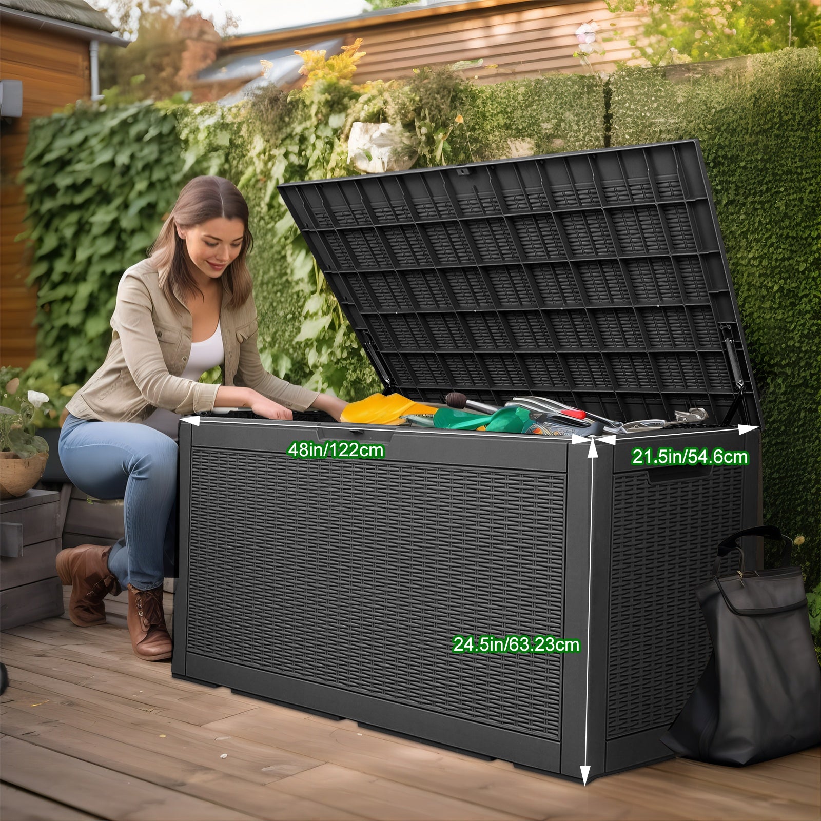 Tjhe Size of the 100 Gallon Deck Box:48inch*21.5 inch*24.5inch
