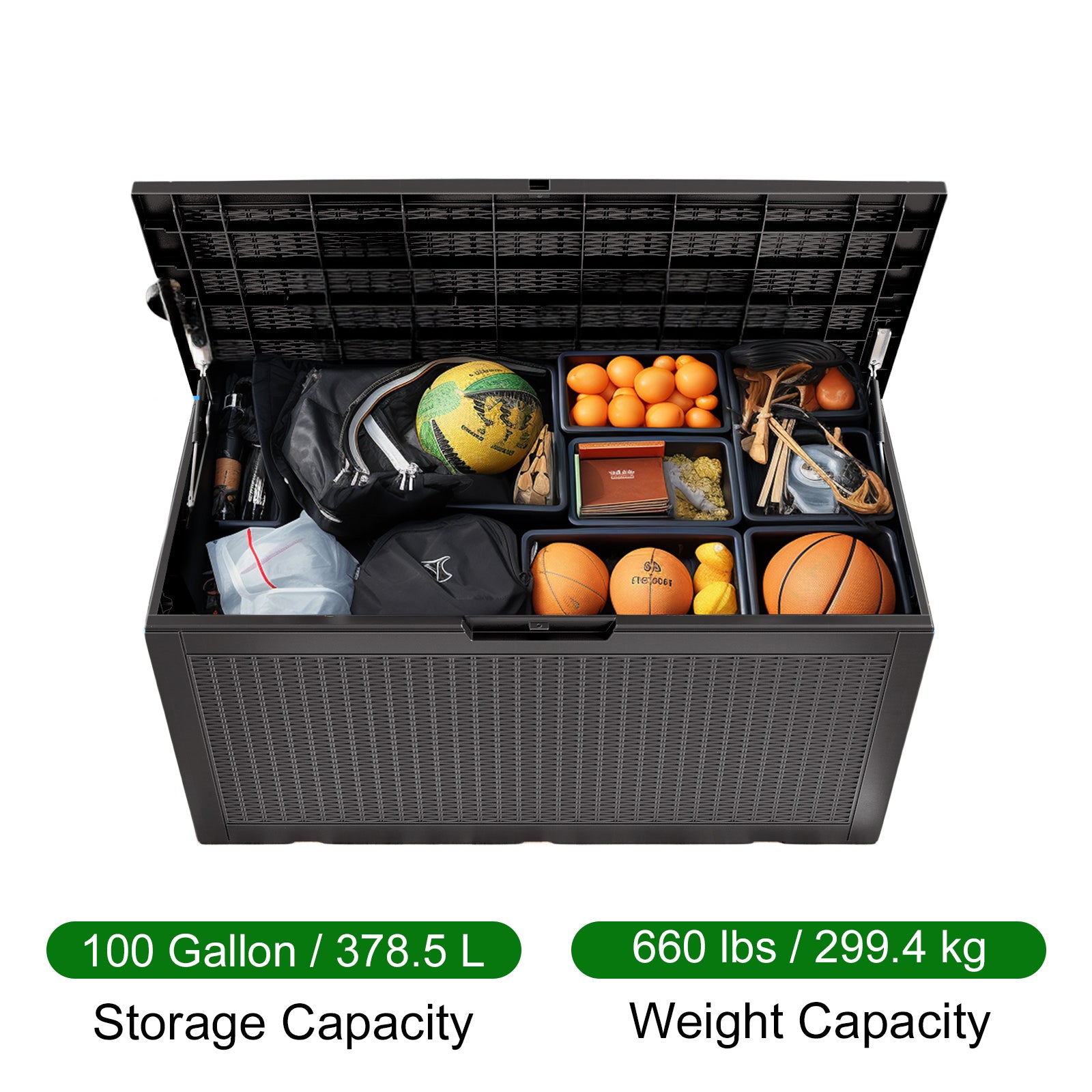 Storage Capacity:100 Gallon/378.5 L Weight Capacity:660lbs/299.4kg