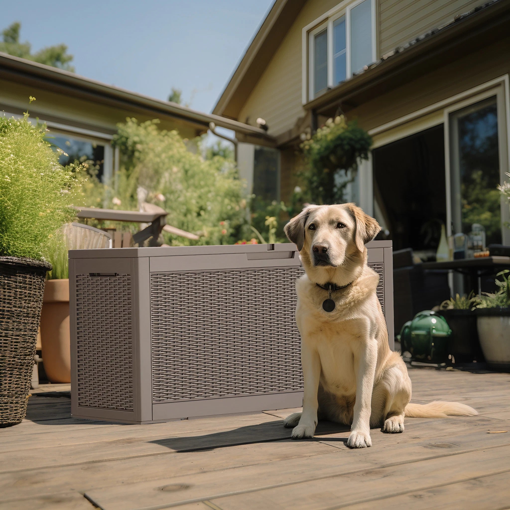 100 Gallon Rattan Resin Deck Box – Lockable & Weatherproof Outdoor Storage with Gas Lift Support