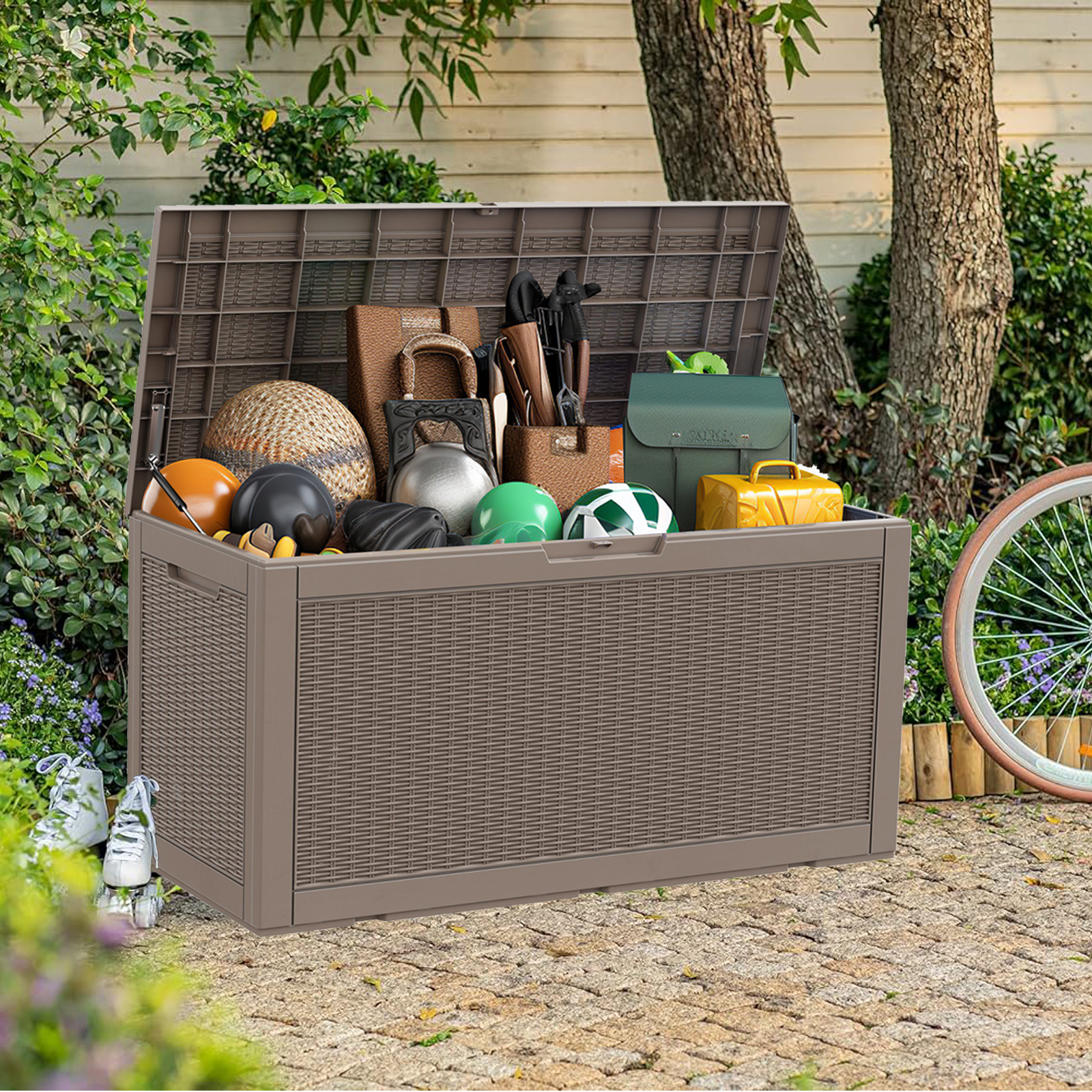 100 Gallon Rattan Resin Deck Box – Lockable & Weatherproof Outdoor Storage with Gas Lift Support