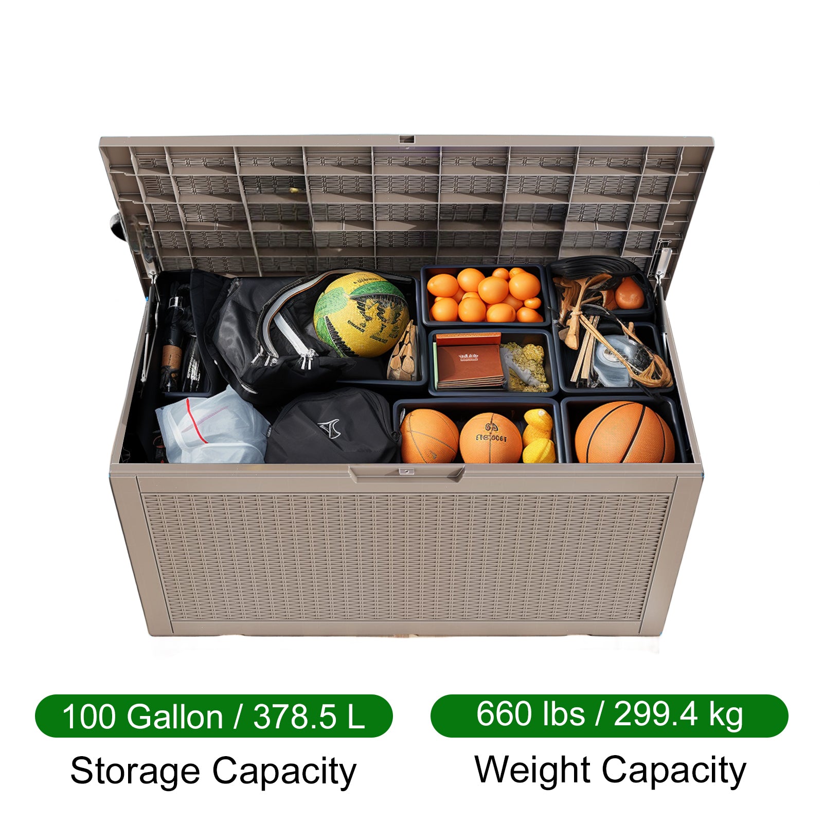 Storage Capacity:100 Gallon/378.5 L Weight Capacity:660lbs/299.4kg