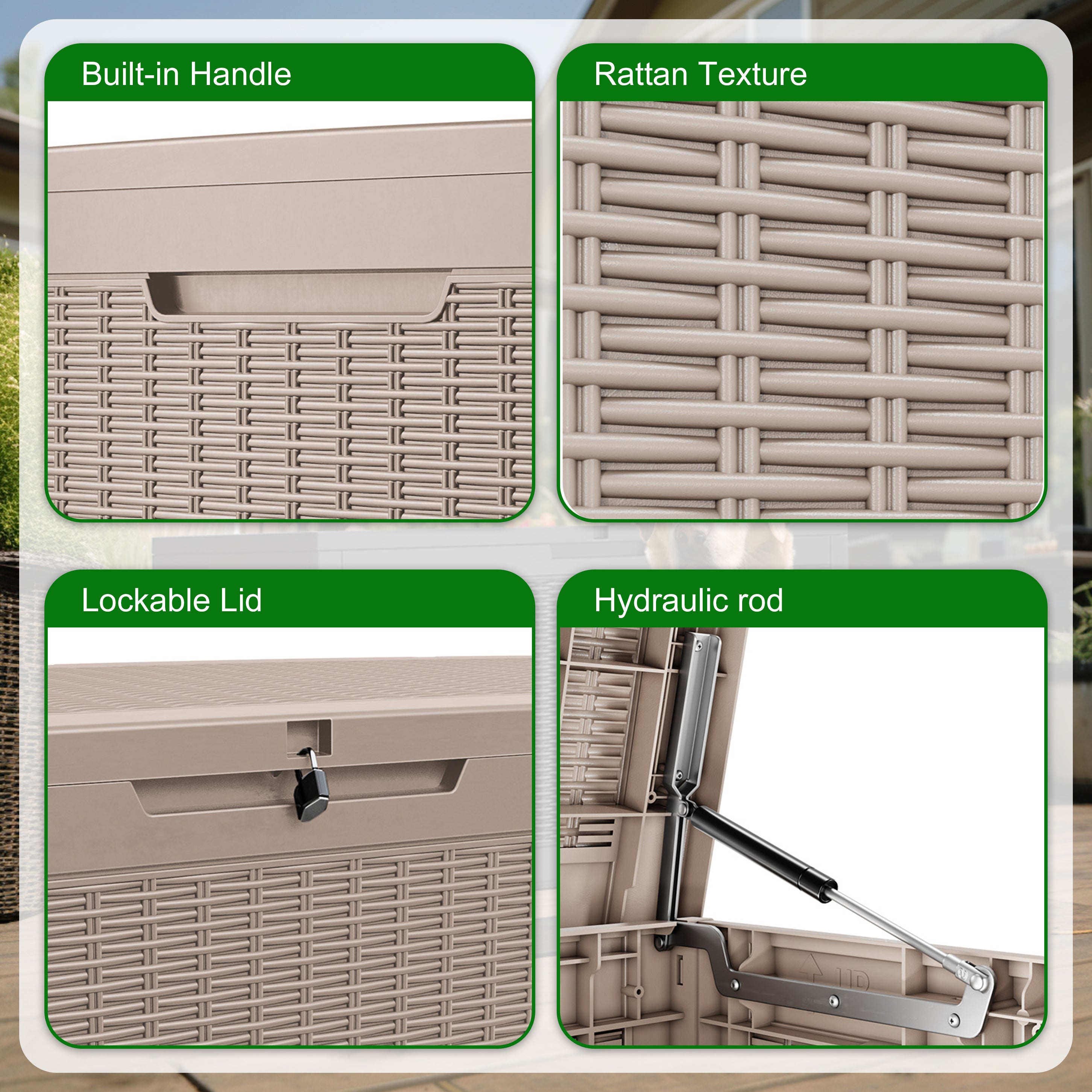 BUilt-in Handle Rattan Texture
Lockable Lid Hydraulic rod