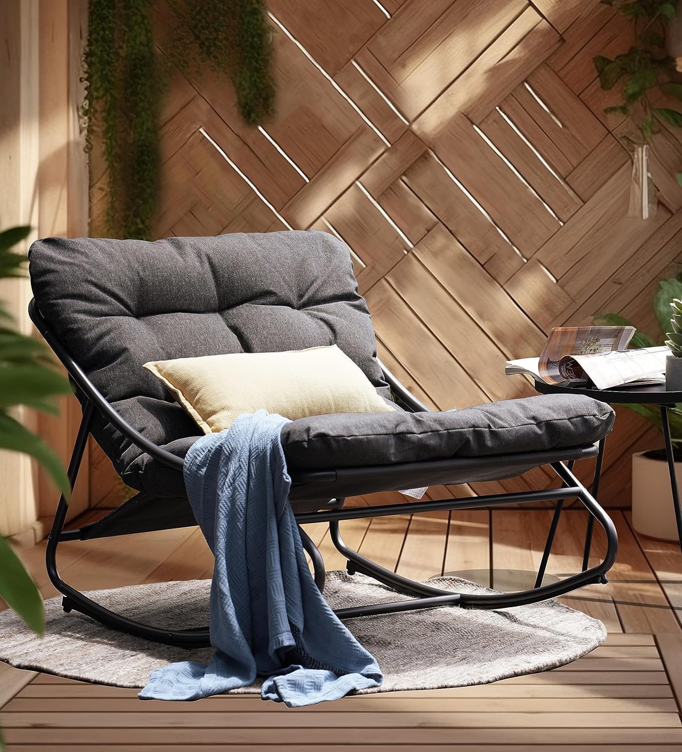 Outdoor Rocking Chair,E-Coated Modern Cozy Lounge Rocker Chair for Both Outdoor Indoor with Puffy Cushion, Patio Rocking Chair for Porch,Deck,Garden, Balcony,Bedroom,Living Room, Dark Grey Amazon