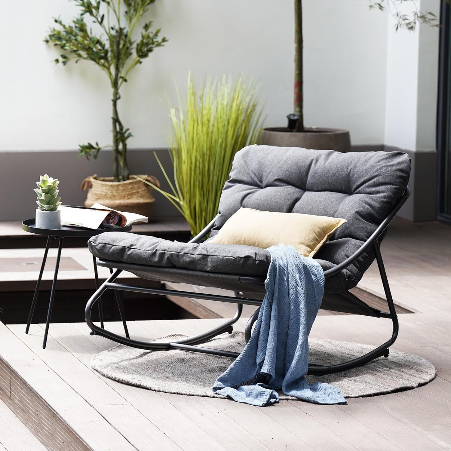Outdoor Rocking Chair,E-Coated Modern Cozy Lounge Rocker Chair for Both Outdoor Indoor with Puffy Cushion, Patio Rocking Chair for Porch,Deck,Garden, Balcony,Bedroom,Living Room, Dark Grey Amazon