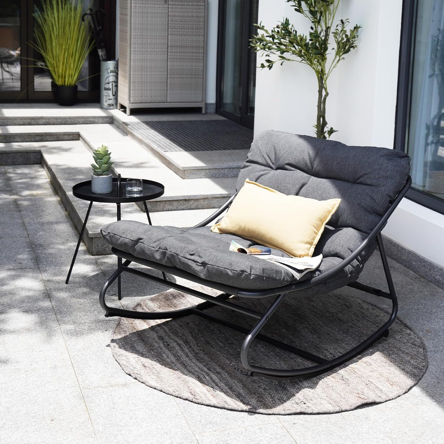 Outdoor Rocking Chair,E-Coated Modern Cozy Lounge Rocker Chair for Both Outdoor Indoor with Puffy Cushion, Patio Rocking Chair for Porch,Deck,Garden, Balcony,Bedroom,Living Room, Dark Grey Amazon