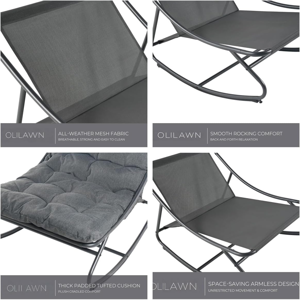 Outdoor Rocking Chair,E-Coated Modern Cozy Lounge Rocker Chair for Both Outdoor Indoor with Puffy Cushion, Patio Rocking Chair for Porch,Deck,Garden, Balcony,Bedroom,Living Room, Dark Grey Amazon