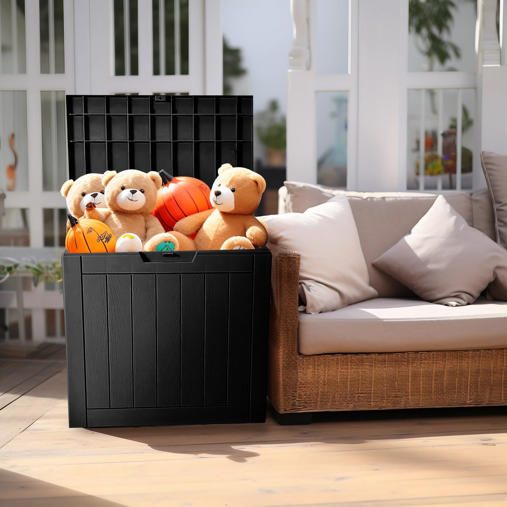 31 Gallon Woodgrain Resin Deck Box – Waterproof & Lockable Storage for Patio, Balcony & Garden Tools