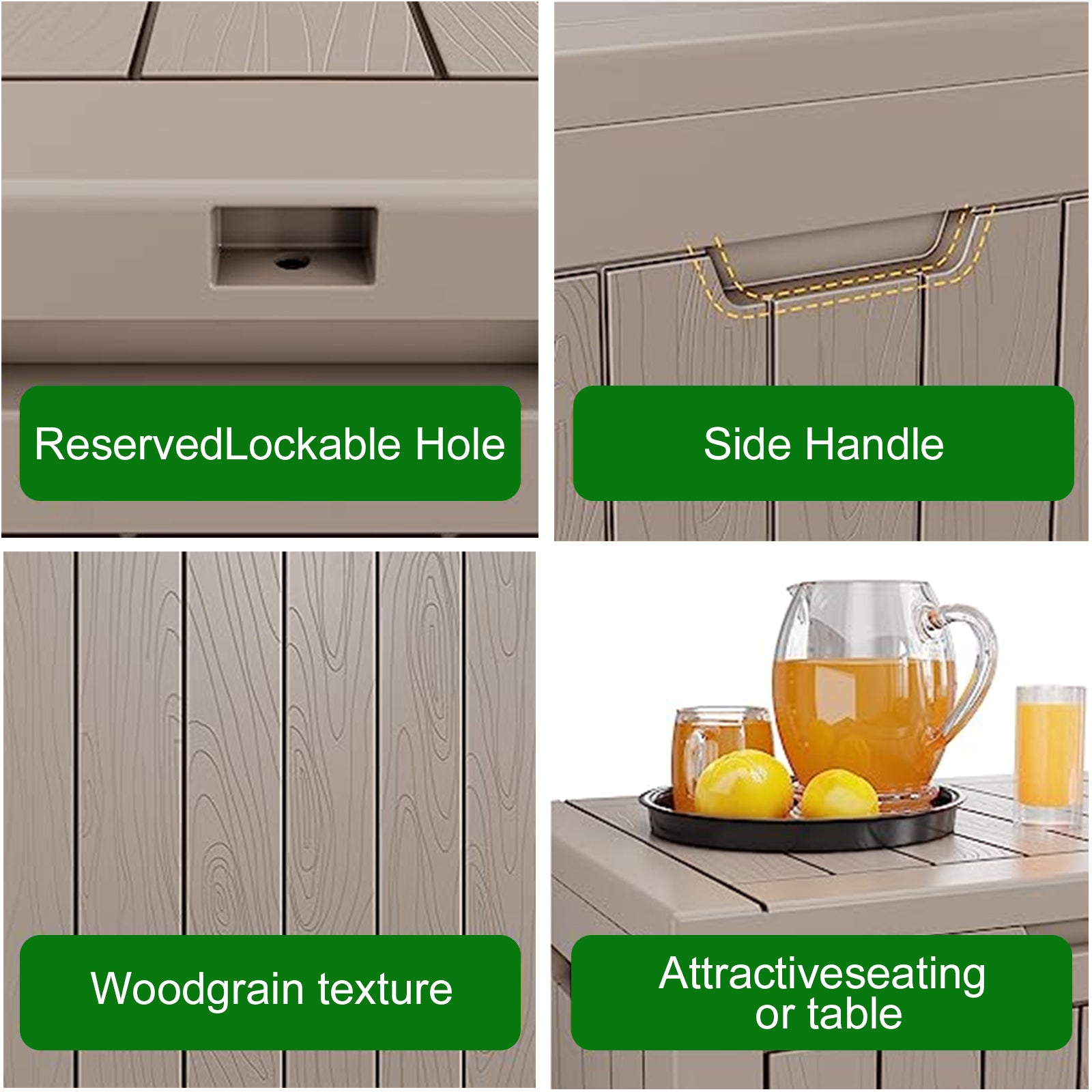 Reserved Lockable Hole
Side Handle
Woodgrain texture
Attractiveseating or table