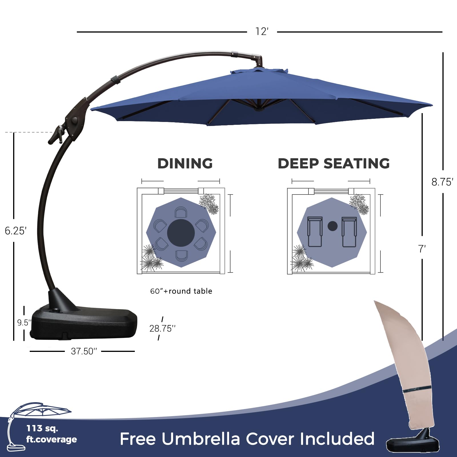 12ft Outdoor Large Patio Aluminum Cantilever Umbrella