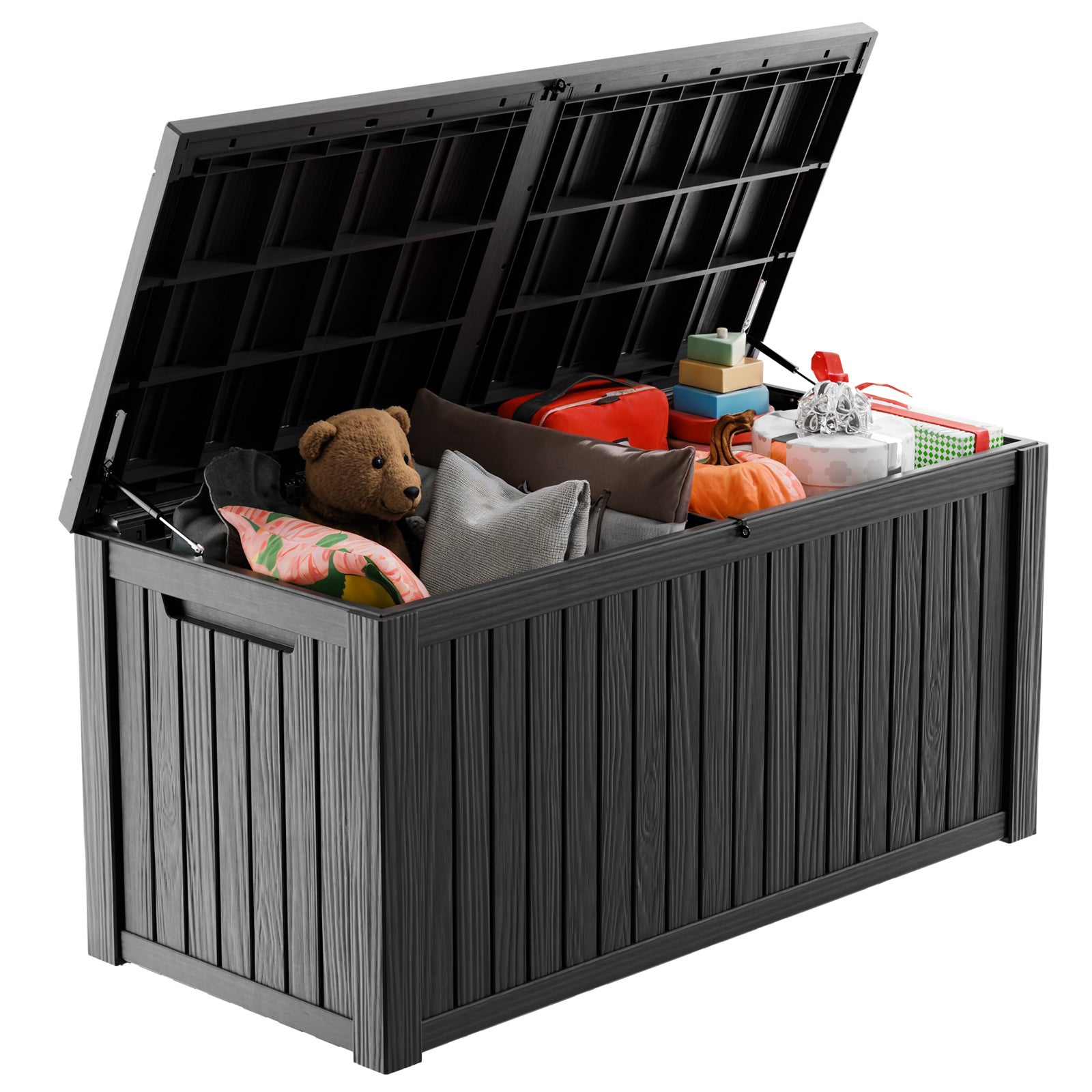180 Gallon Outdoor Storage Deck Box with Lock โ Waterproof Resin Box for Patio, Garden, Pool Gear, Bench Seating with Woodgrain Look