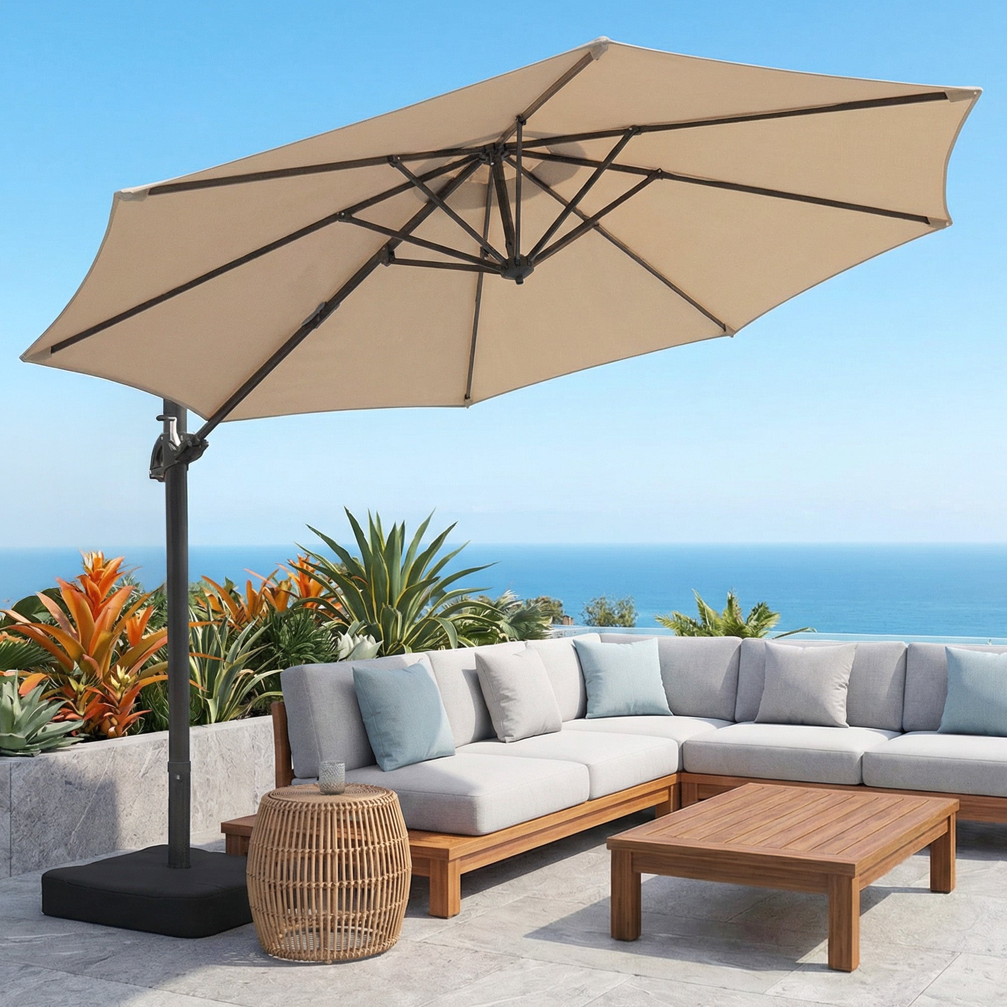 cantilever tilt patio umbrella OLILAWN 10ft Patio Umbrella with Base Included, Large Cantilever Outdoor Umbrella with 360°Rotation & Infinite Tilt, Champagne-ol-ht039