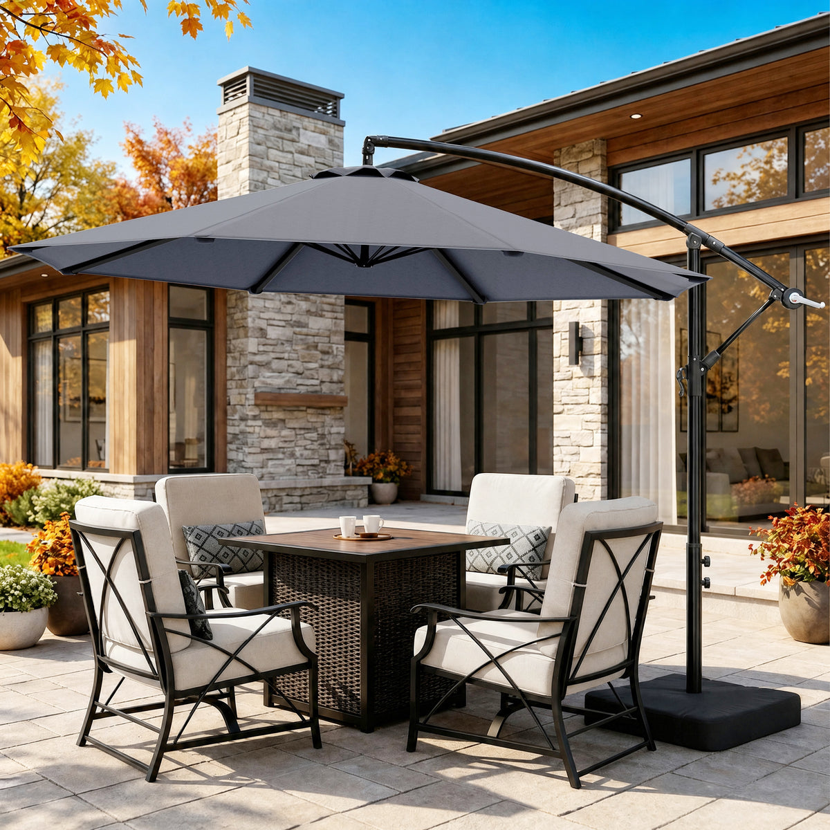 10FT Cantilever Offset Outdoor Patio Umbrella with Base Included with 360° Rotation & Infinite Tilt, Yarn-Dyed Fade-Resistant Canopy, Heavy Duty 8-Rib Steel Frame for Patio, Pool, Backyard-OL-HT032