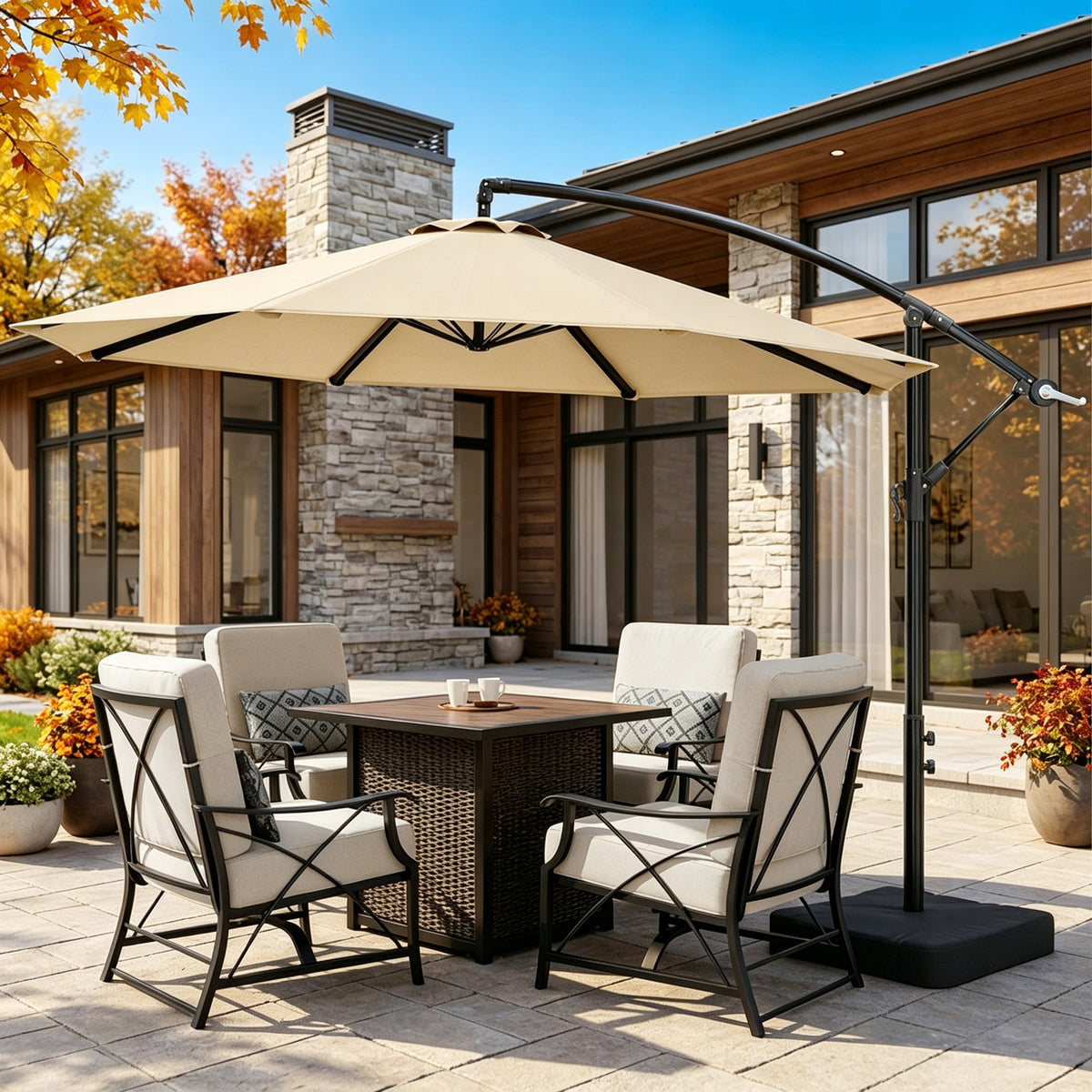 10FT Cantilever Offset Outdoor Patio Umbrella with Base Included with 360° Rotation & Infinite Tilt, Yarn-Dyed Fade-Resistant Canopy, Heavy Duty 8-Rib Steel Frame for Patio, Pool, Backyard-OL-HT032