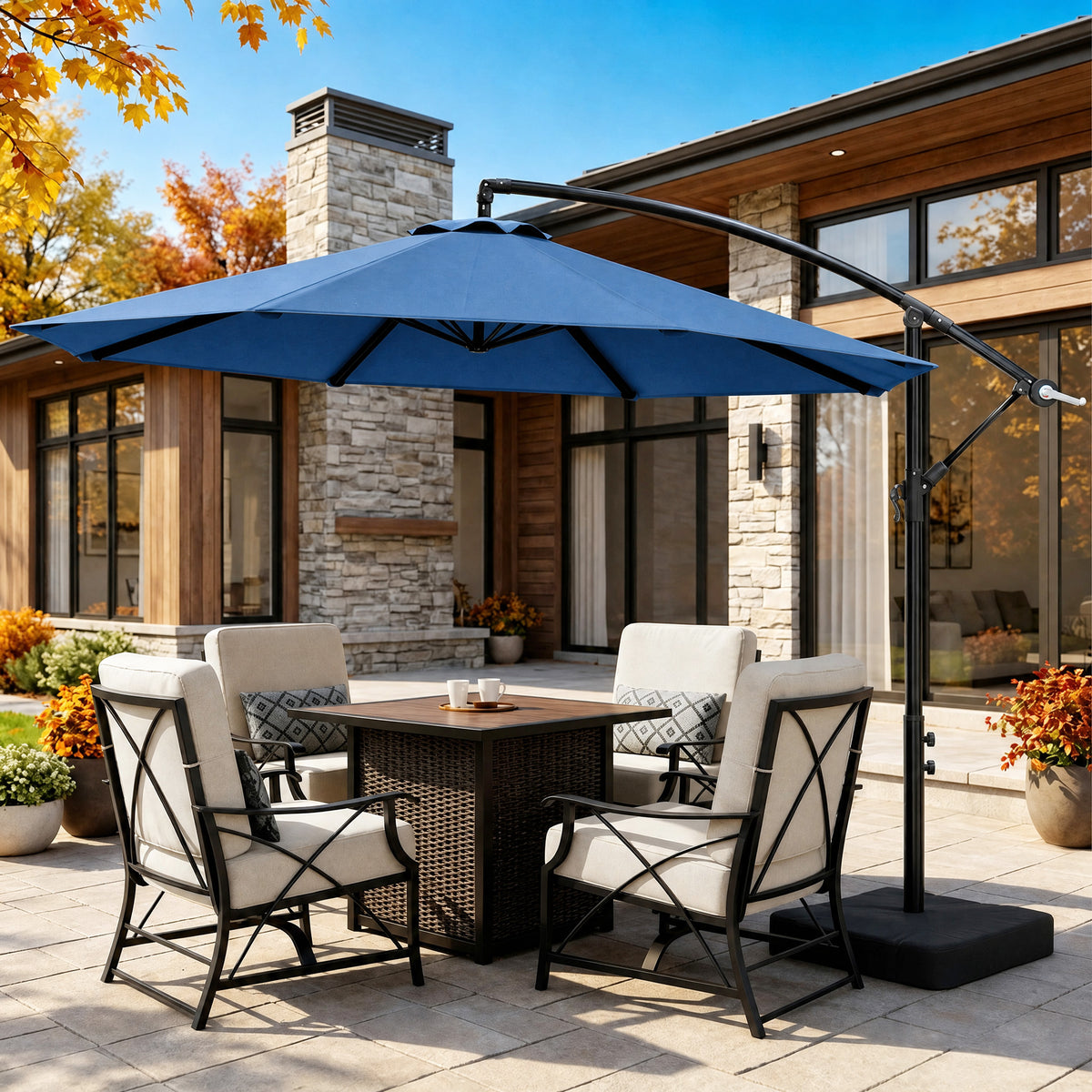 10FT Cantilever Offset Outdoor Patio Umbrella with Base Included with 360° Rotation & Infinite Tilt, Yarn-Dyed Fade-Resistant Canopy, Heavy Duty 8-Rib Steel Frame for Patio, Pool, Backyard-OL-HT032