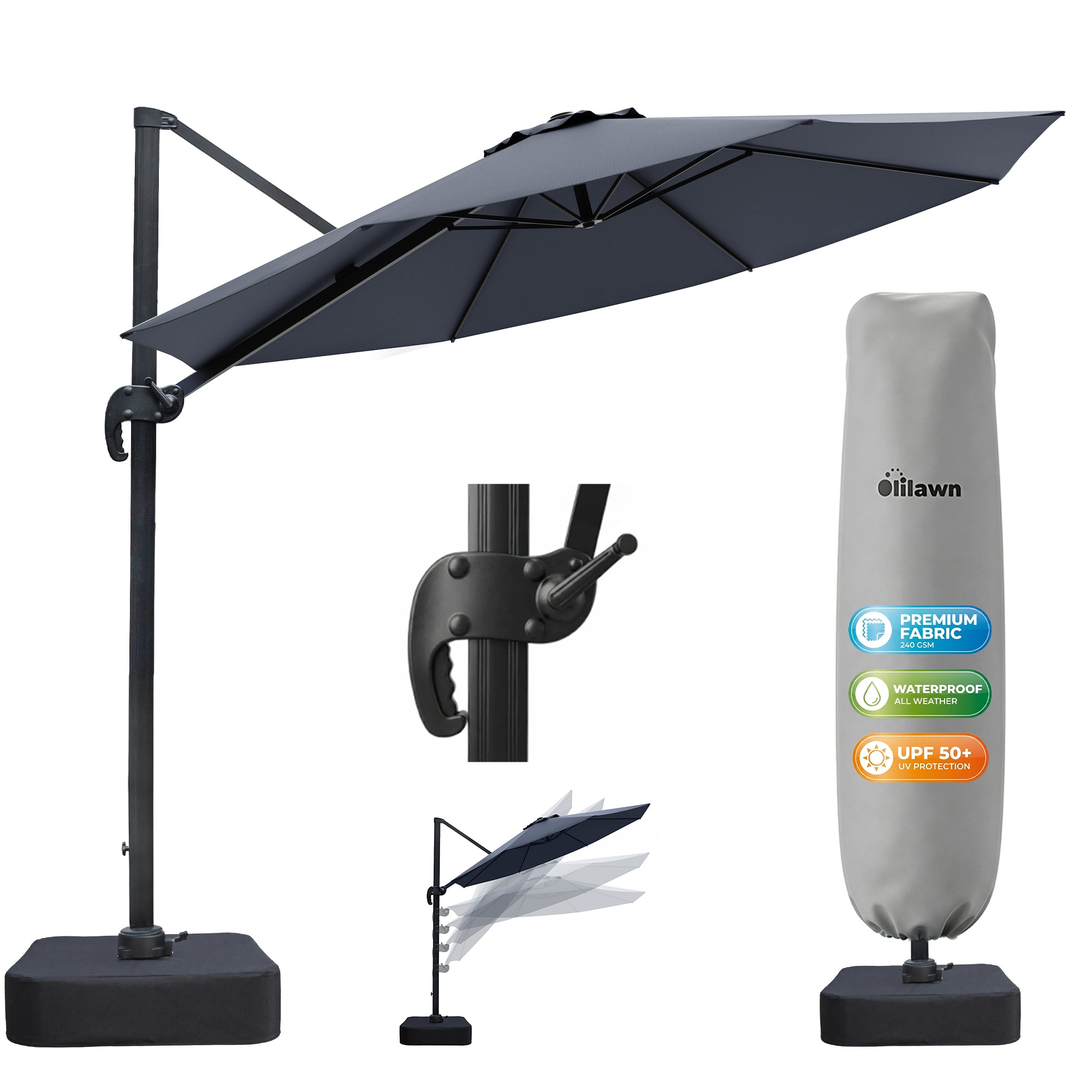 OLILAWN Sonnenschirm Ø305 cm mit Schwerlast-Basis & Sandsäcken, UV-Schutz 240GSM Garngefärbtes Polyester, Aluminium Ampelschirm 360° drehbar & 5-fach neigbar, inkl. Schutzhülle, für Pool & Garten, OL-HT045