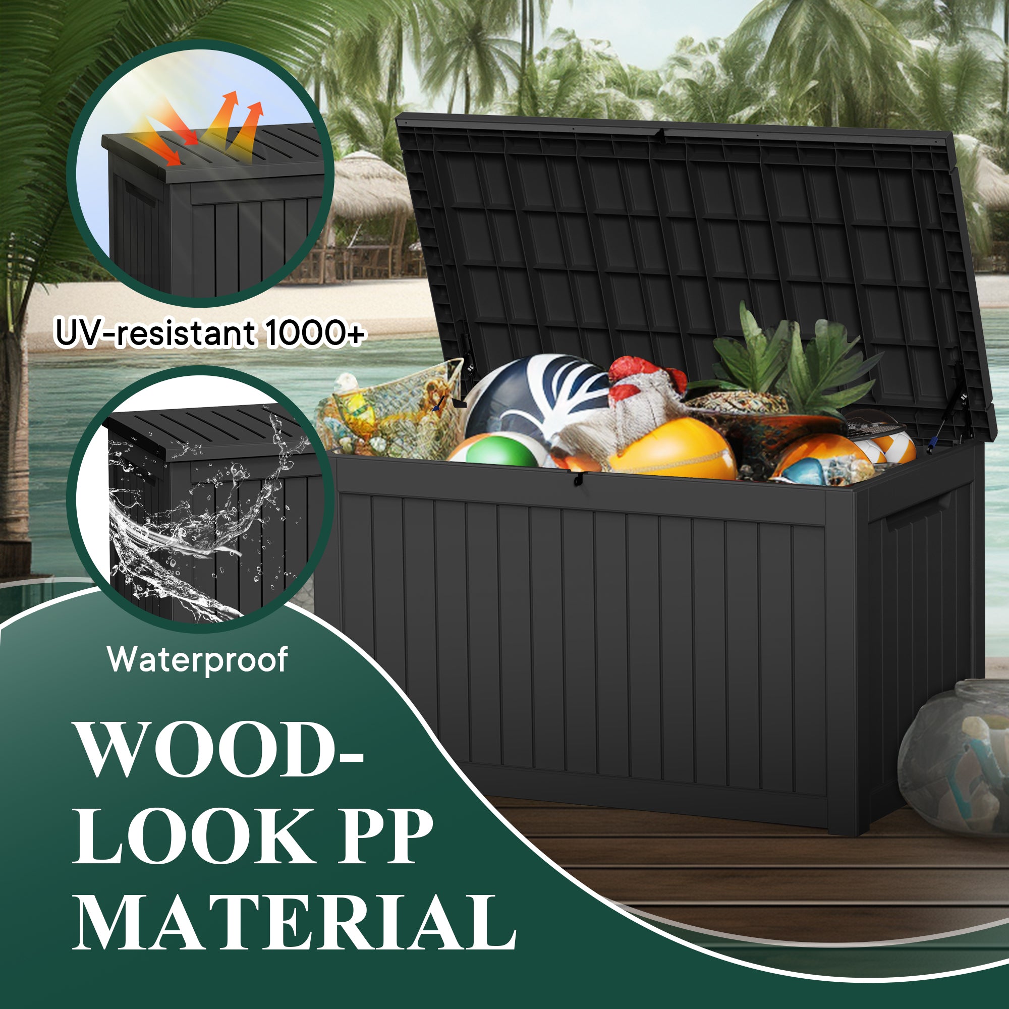 UV-resistant 1000+
Waterproof
WOOD-LOOK PP MATERIAL
