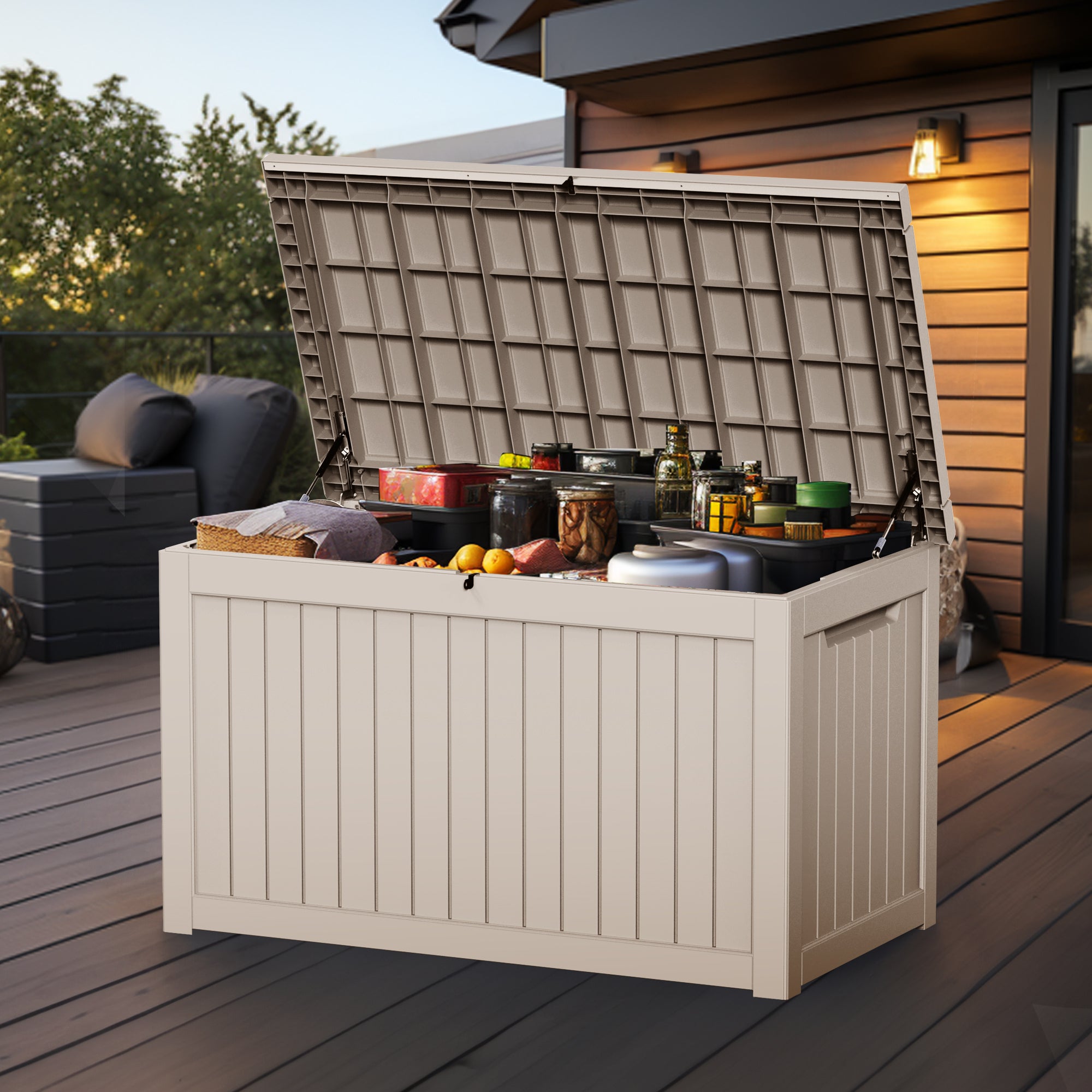 230 Gallon Outdoor Storage Deck Box with Lock β Waterproof Resin Box for Patio, Garden, Pool Gear, Bench Seating with Woodgrain Look