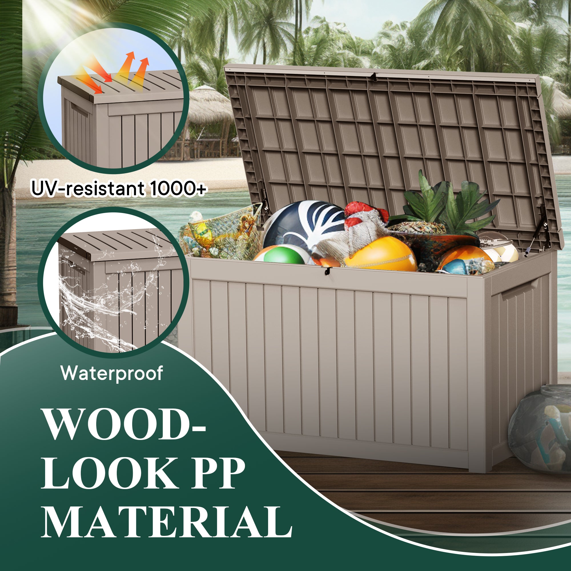 UV-resistant 1000+
Waterproof
WOOD-LOOK PP MATERIAL