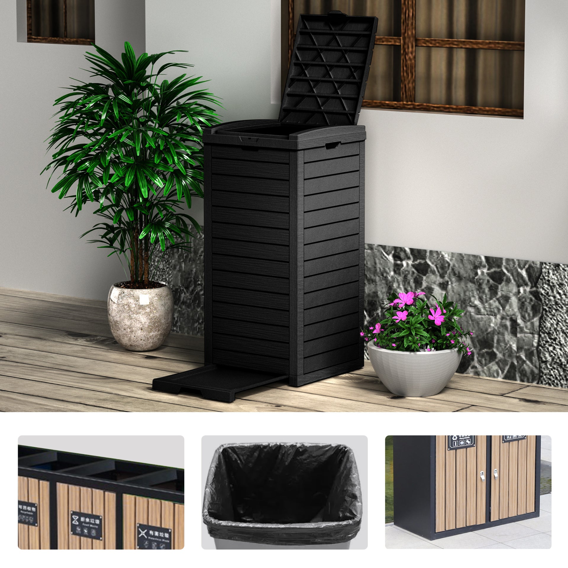 31 Gallon Outdoor Trash Can, Waterproof Resin Waste Bin with Lockable Lid & Drip Tray for Patio, Deck, Backyard & Kitchen