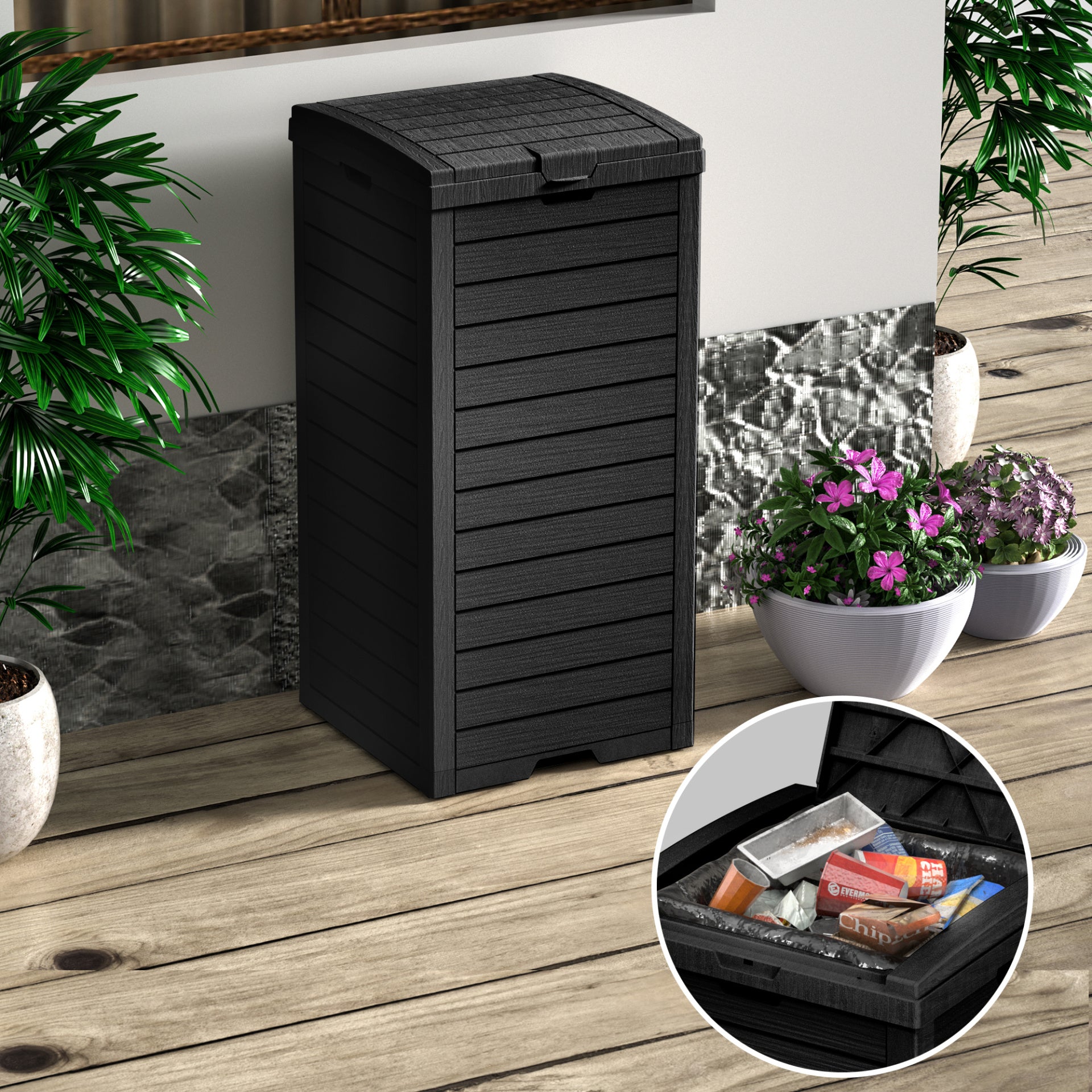 31 Gallon Outdoor Trash Can, Waterproof Resin Waste Bin with Lockable Lid & Drip Tray for Patio, Deck, Backyard & Kitchen