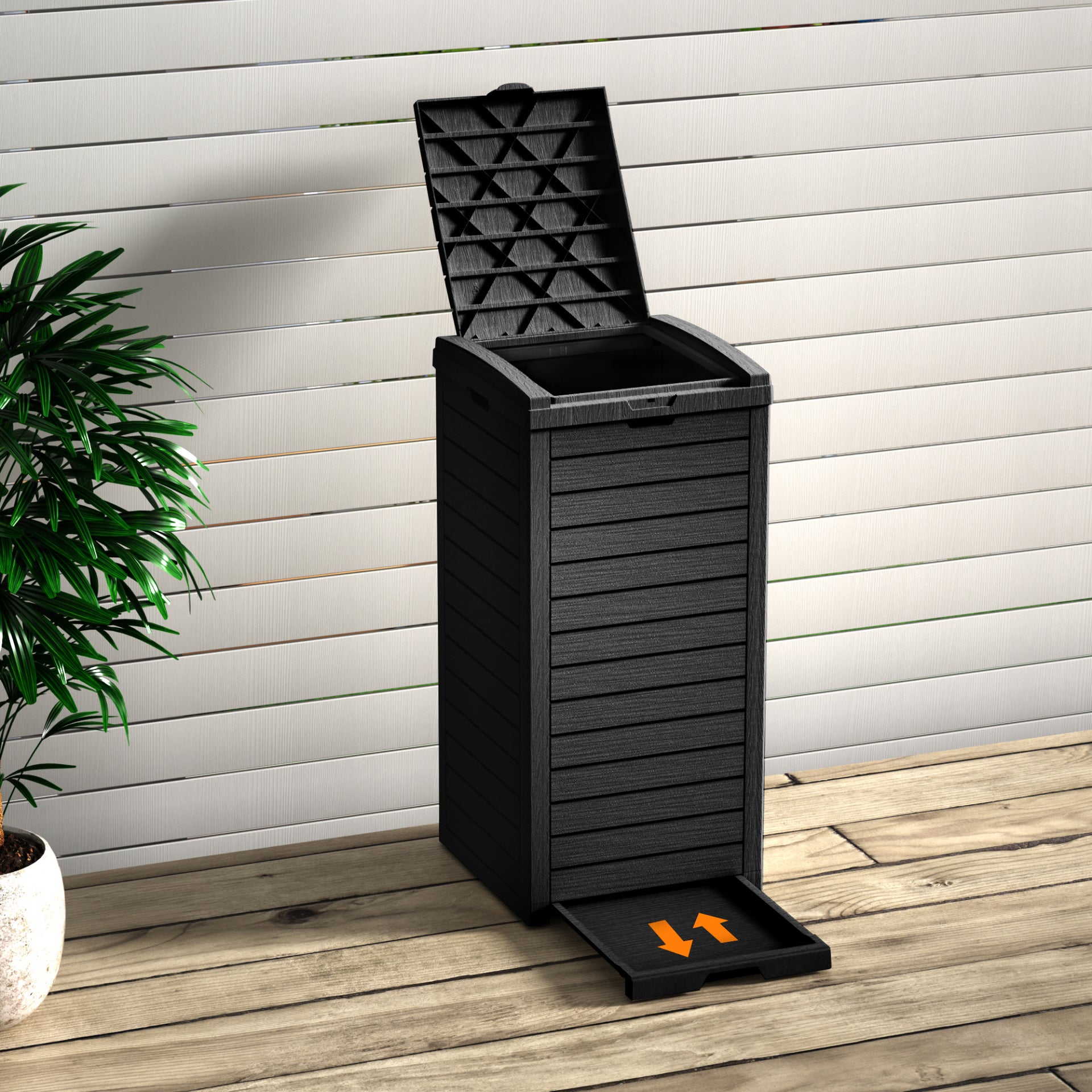 31 Gallon Outdoor Trash Can, Waterproof Resin Waste Bin with Lockable Lid & Drip Tray for Patio, Deck, Backyard & Kitchen