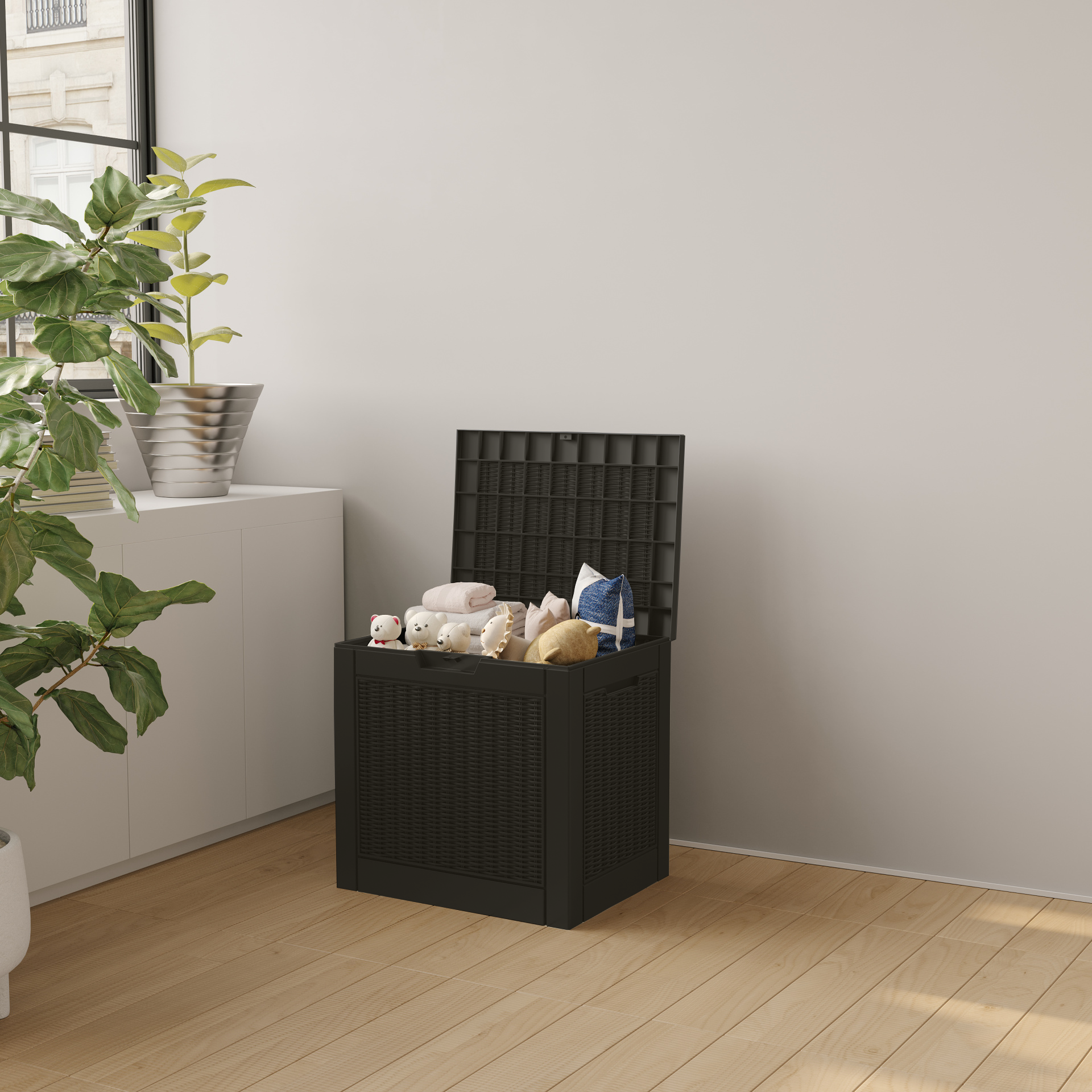 31 Gallon Rattan Resin Deck Box – Stylish Lockable Outdoor Storage for Small Patios & Garden Essentials