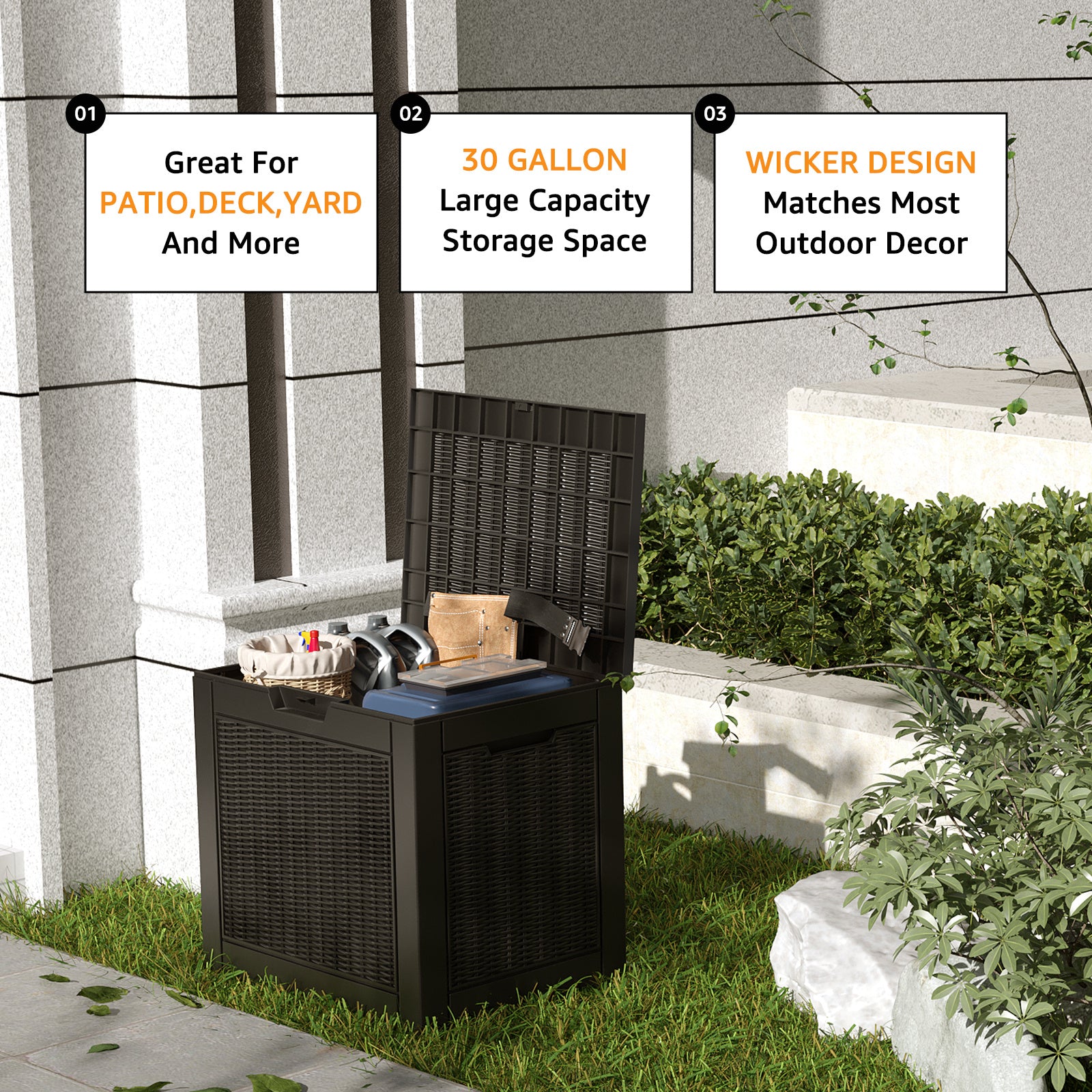 Great For PATIO DECK YARD And More
30 GALLON Large Capacity Storage Space
WICKER DESIGN Matches Most Outdoor Decor