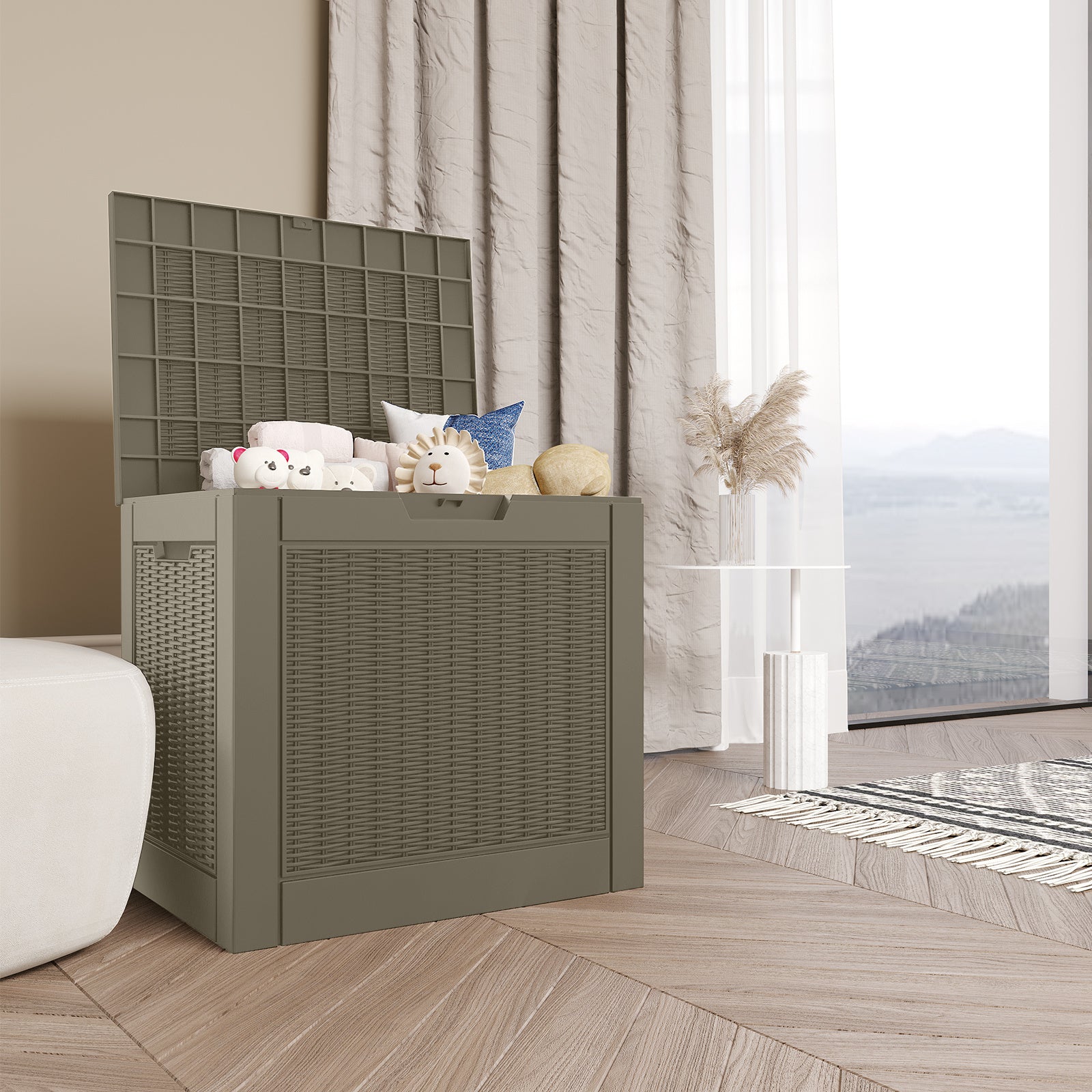 31 Gallon Rattan Resin Deck Box – Stylish Lockable Outdoor Storage for Small Patios & Garden Essentials