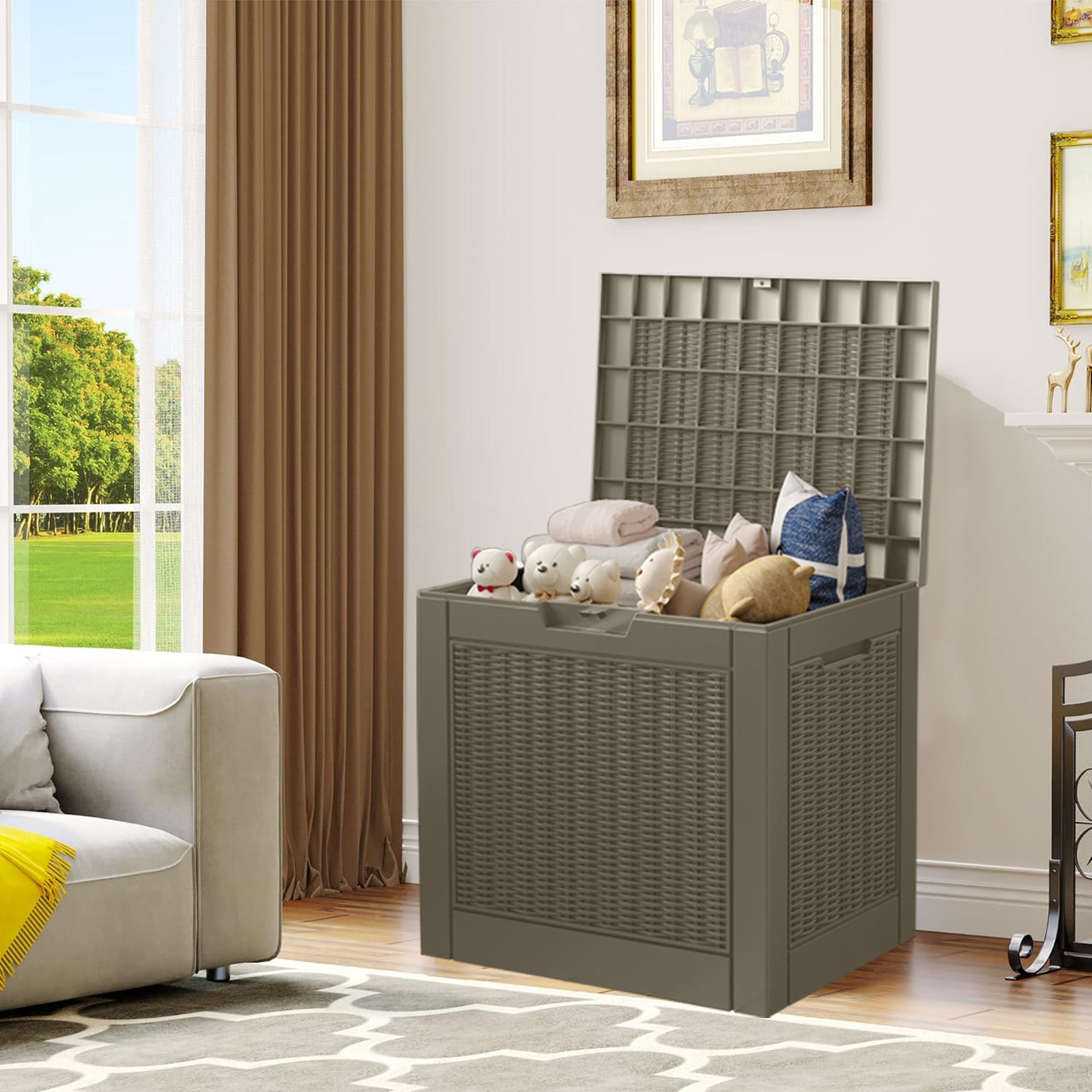 31 Gallon Rattan Resin Deck Box – Stylish Lockable Outdoor Storage for Small Patios & Garden Essentials