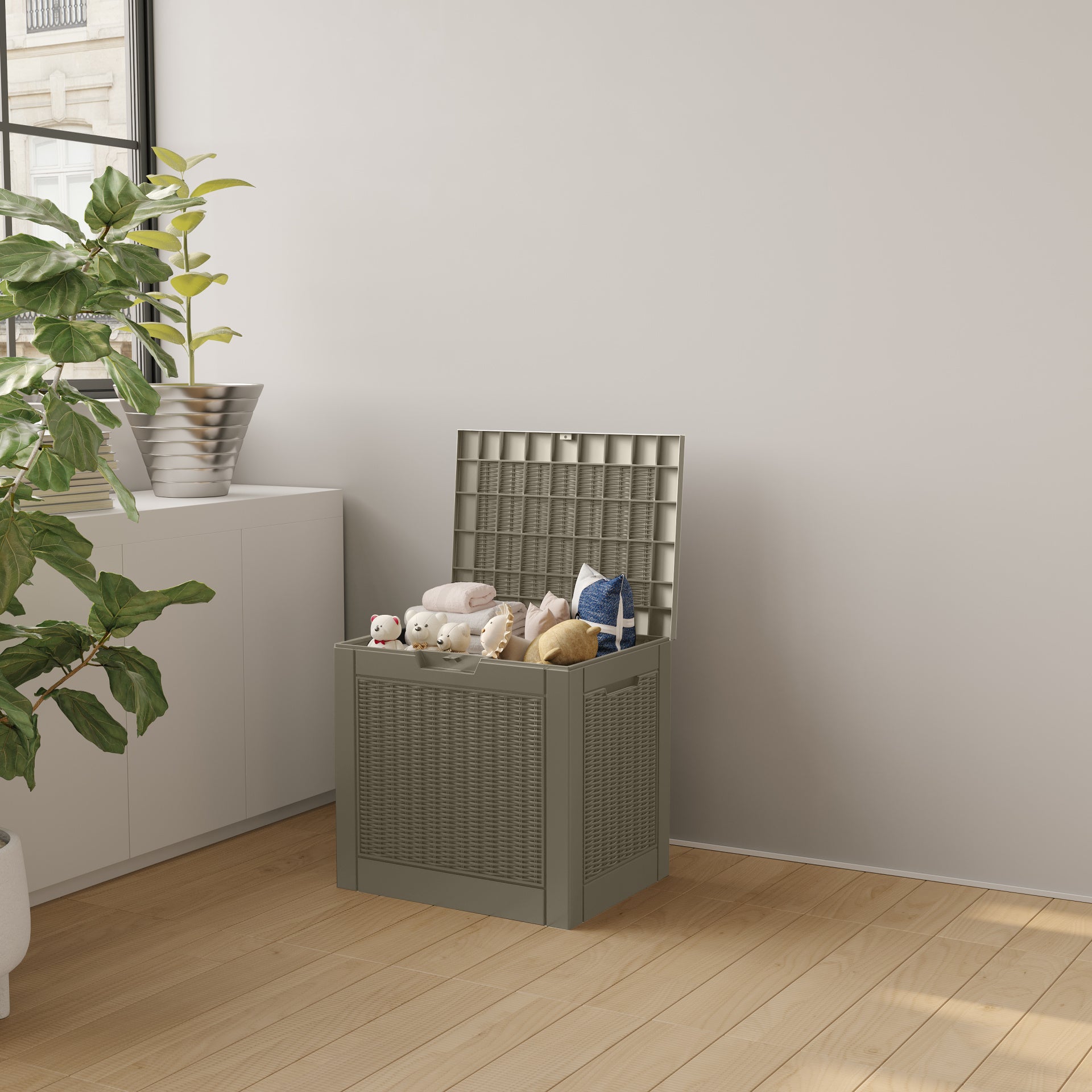 31 Gallon Rattan Resin Deck Box – Stylish Lockable Outdoor Storage for Small Patios & Garden Essentials