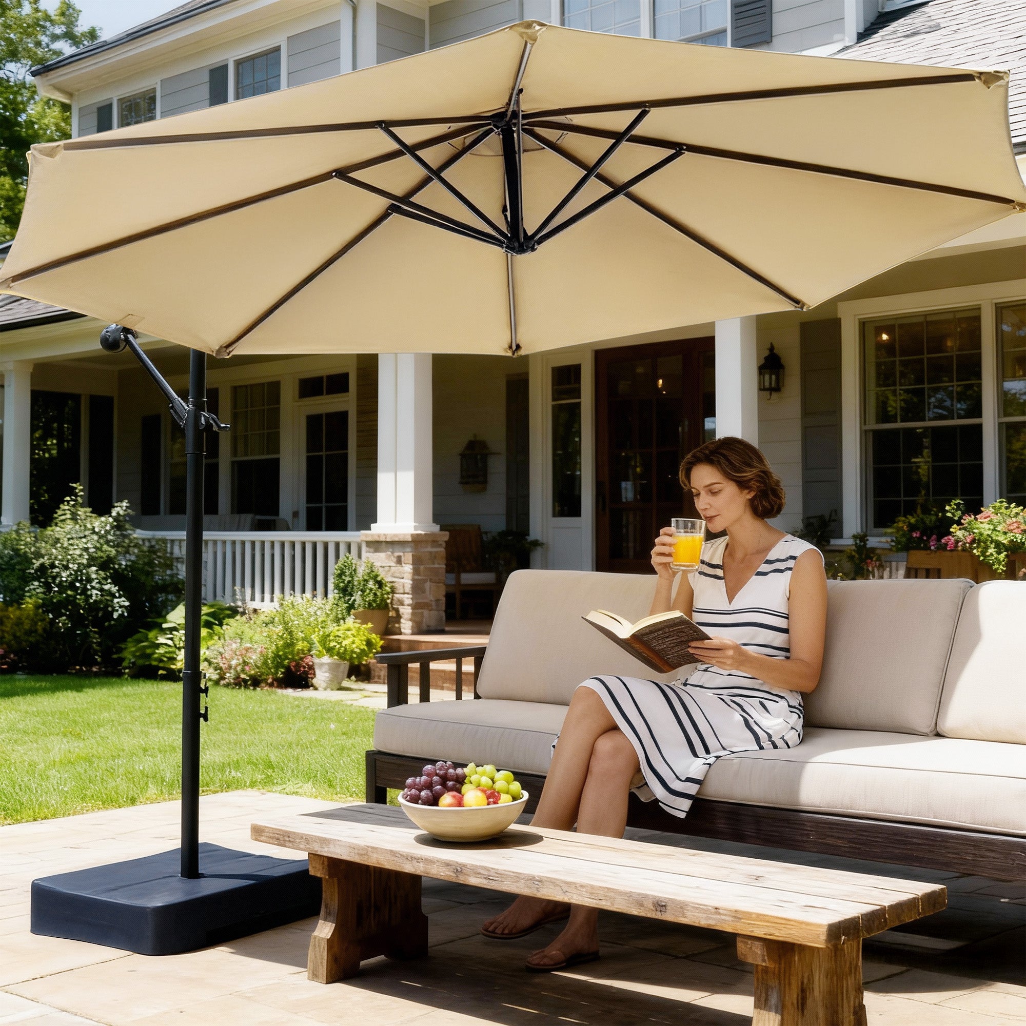 Olilawn 10ft Patio Umbrella with Base, Outdoor Large Round Offset Cantilever Umbrella, Champagne-OL-HT032