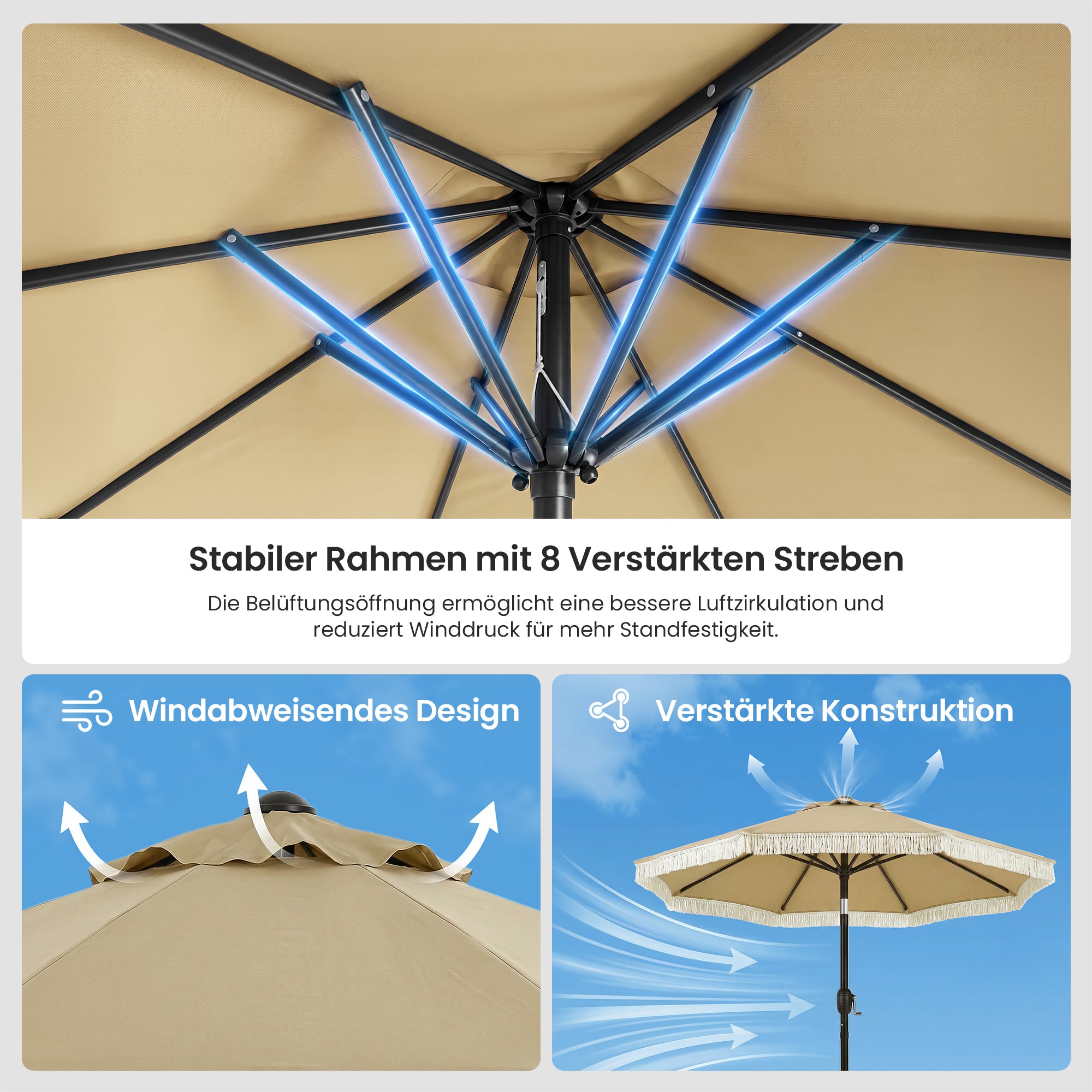 OLILAWN Sonnenschutz Balkon Fransen, Sonnenschirm 205 cm mit Kurbel & Knickfunktion, OL-HT042