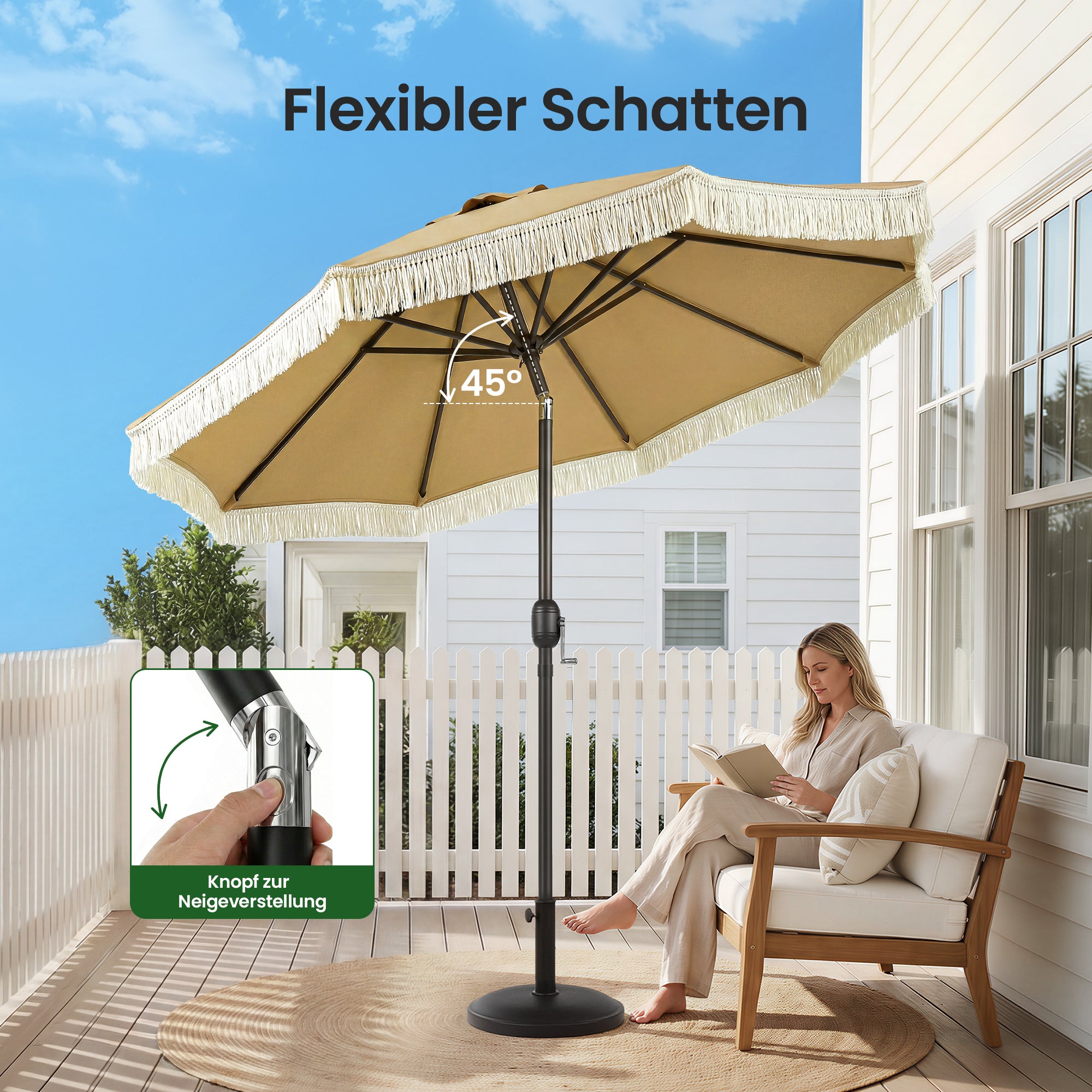 OLILAWN Sonnenschutz Balkon Fransen, Sonnenschirm 205 cm mit Kurbel & Knickfunktion, OL-HT042