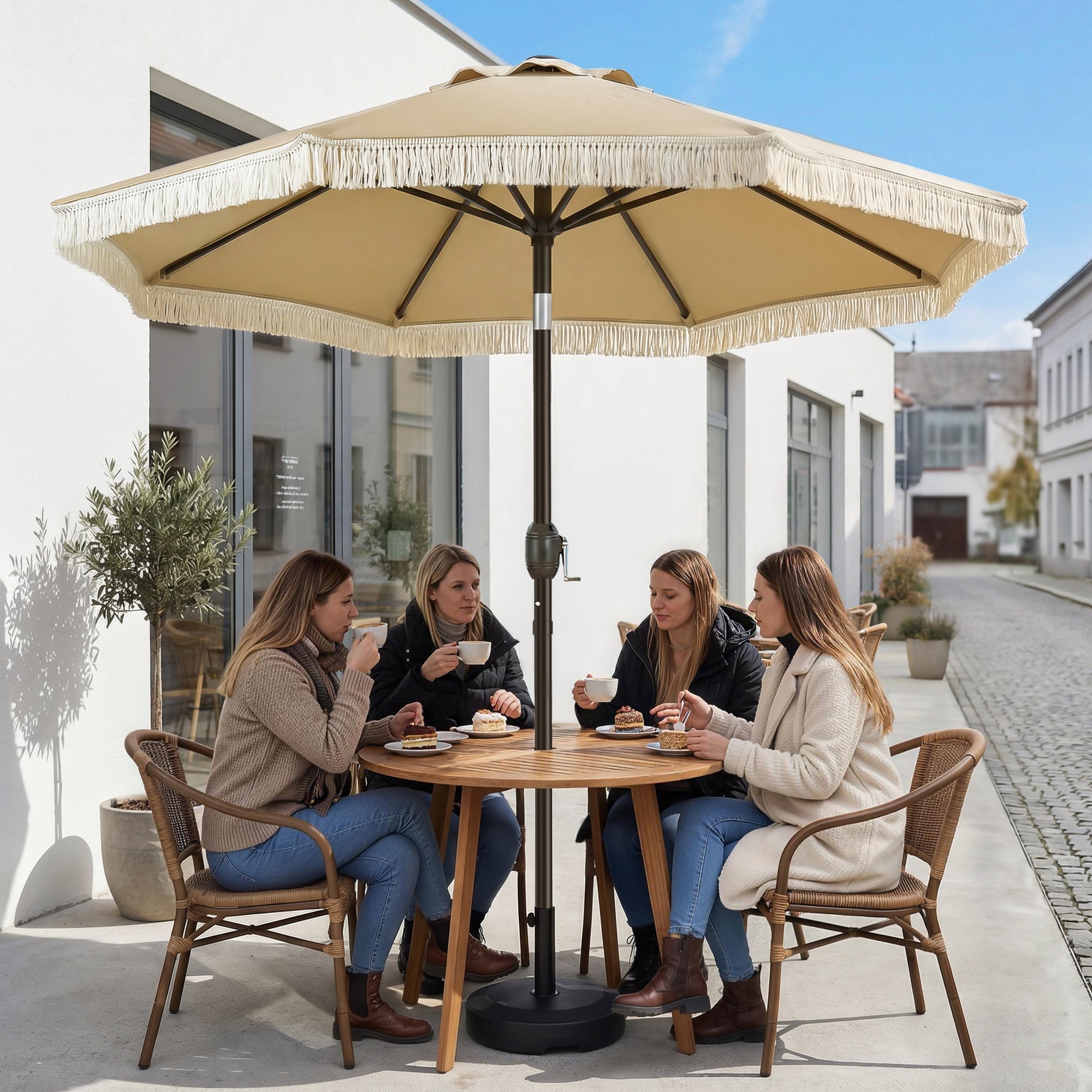 OLILAWN Sonnenschutz Balkon Fransen, Sonnenschirm 205 cm mit Kurbel & Knickfunktion, OL-HT042