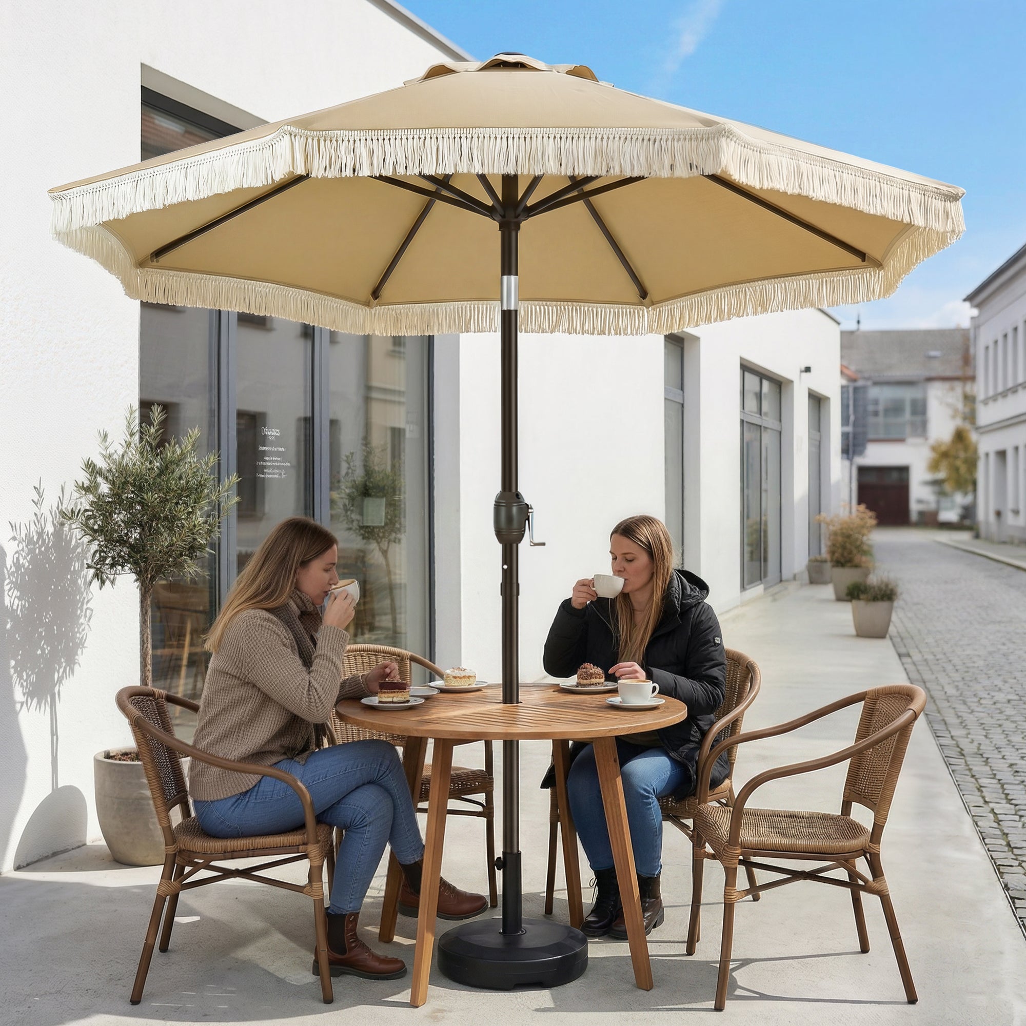 OLILAWN Sonnenschutz Balkon Fransen, Sonnenschirm 205 cm mit Kurbel & Knickfunktion, OL-HT042
