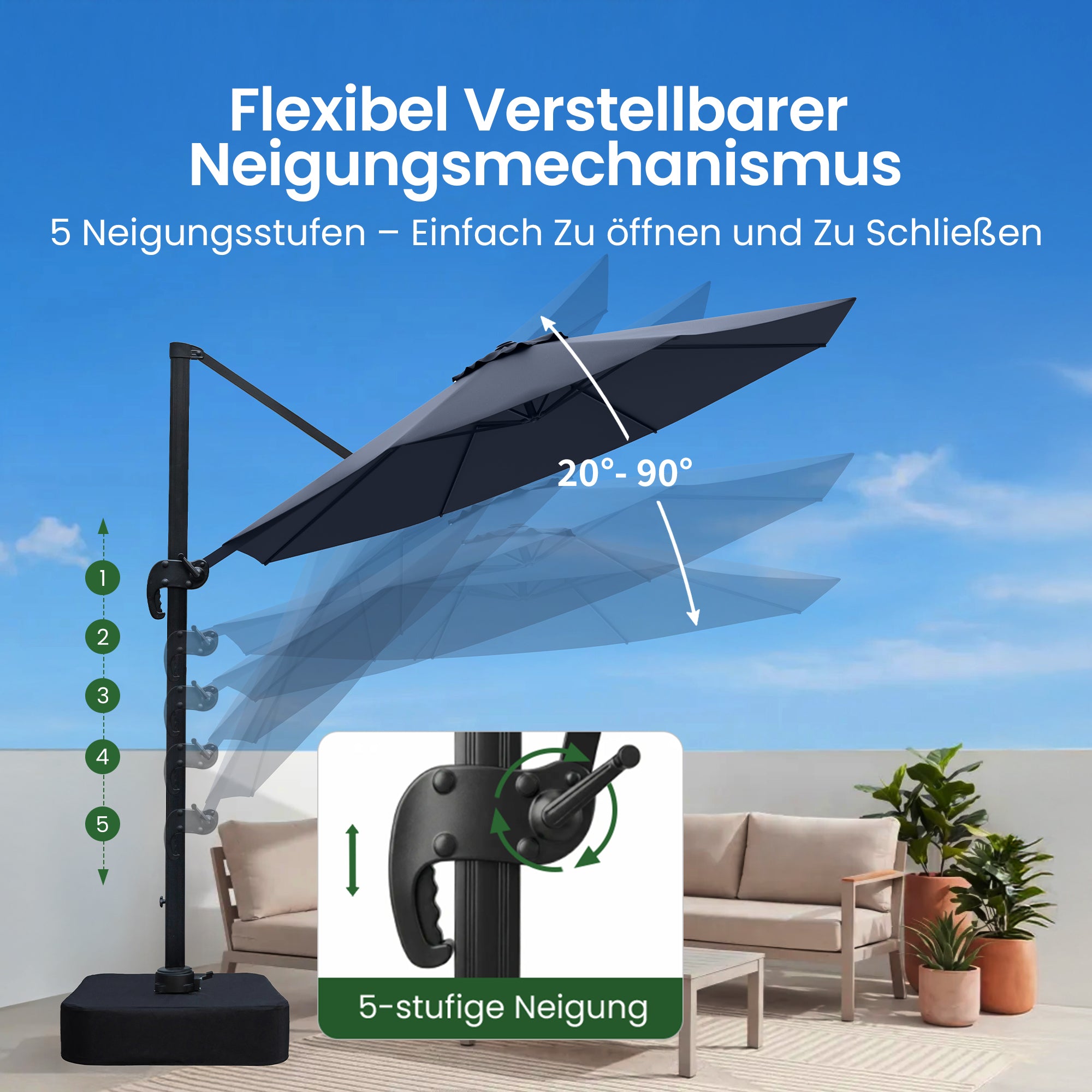 OLILAWN Sonnenschirm Ø305 cm mit Schwerlast-Basis & Sandsäcken, UV-Schutz 240GSM Garngefärbtes Polyester, Aluminium Ampelschirm 360° drehbar & 5-fach neigbar, inkl. Schutzhülle, für Pool & Garten, OL-HT045