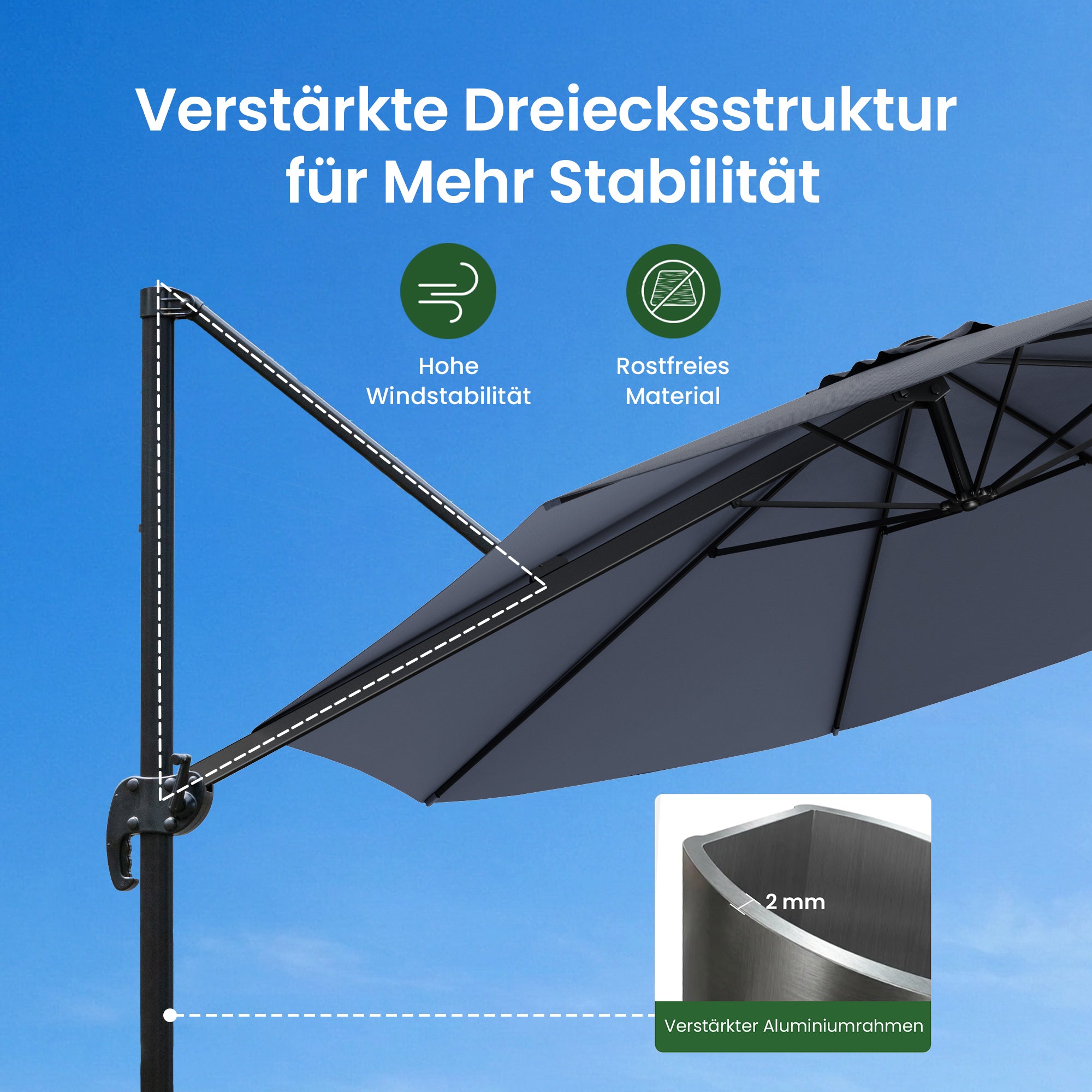OLILAWN Sonnenschirm Ø305 cm mit Schwerlast-Basis & Sandsäcken, UV-Schutz 240GSM Garngefärbtes Polyester, Aluminium Ampelschirm 360° drehbar & 5-fach neigbar, inkl. Schutzhülle, für Pool & Garten, OL-HT045