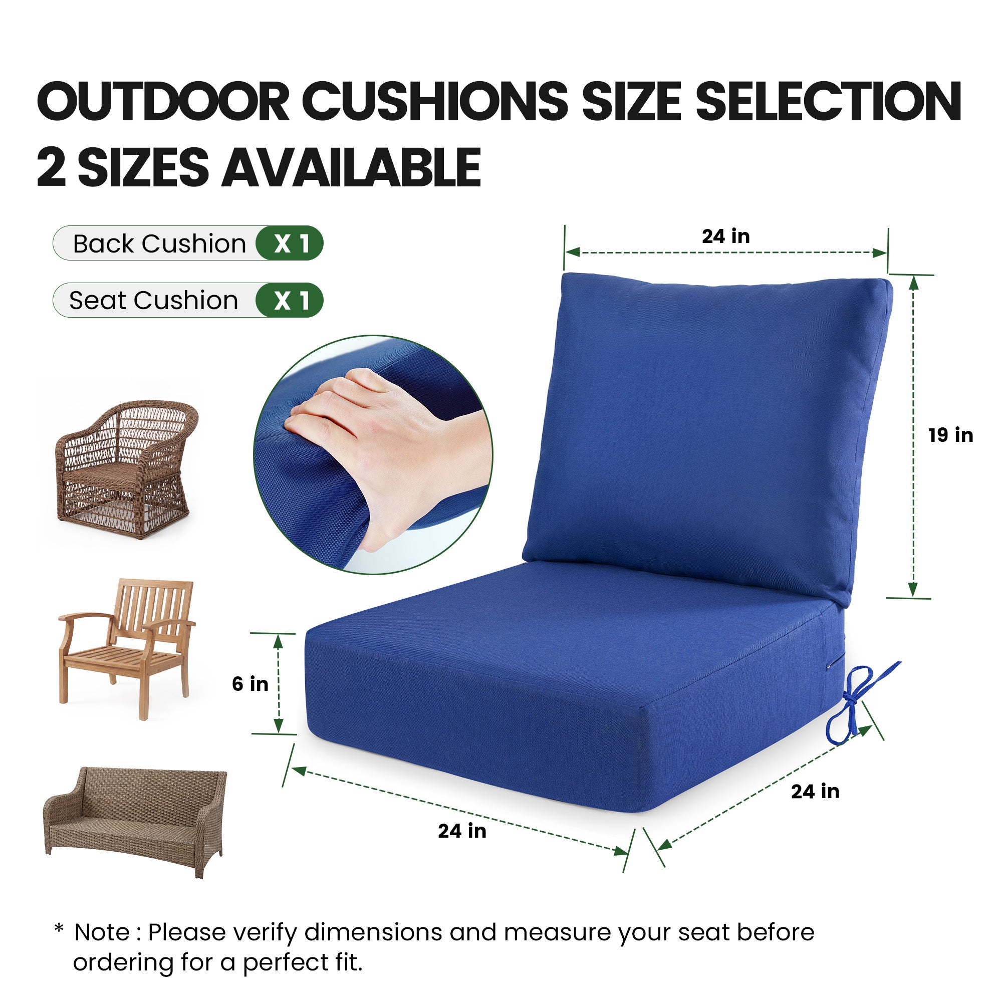 OL-HT049 OLILAWN Outdoor Seat Cushion 4 Sets, 24" *24" *6" Thicker Waterproof Patio Olefin Furniture Cushions, 30D High Density Foam Deep Seat & Back Cushion with Adjustable Straps & Removable Cover,Blue