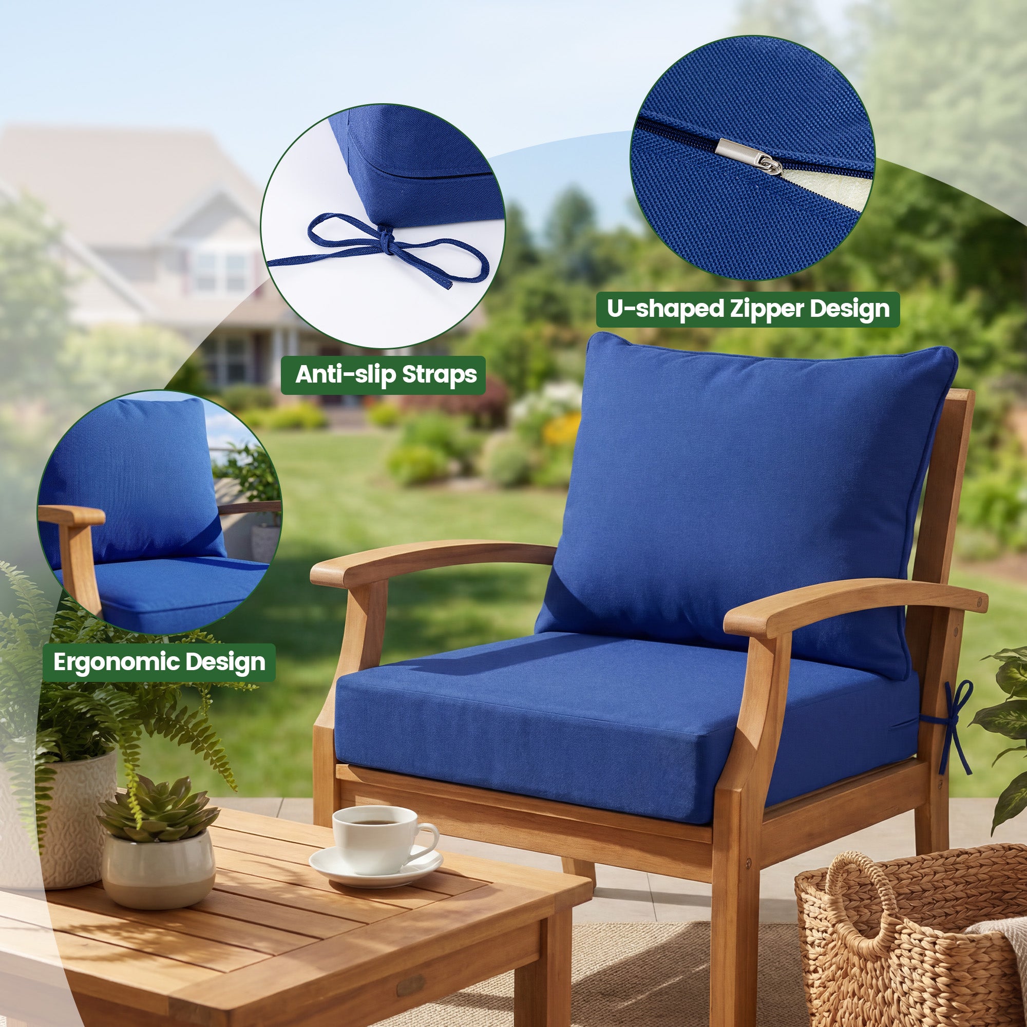 OL-HT049 OLILAWN Outdoor Seat Cushion 4 Sets, 24" *24" *6" Thicker Waterproof Patio Olefin Furniture Cushions, 30D High Density Foam Deep Seat & Back Cushion with Adjustable Straps & Removable Cover,Blue