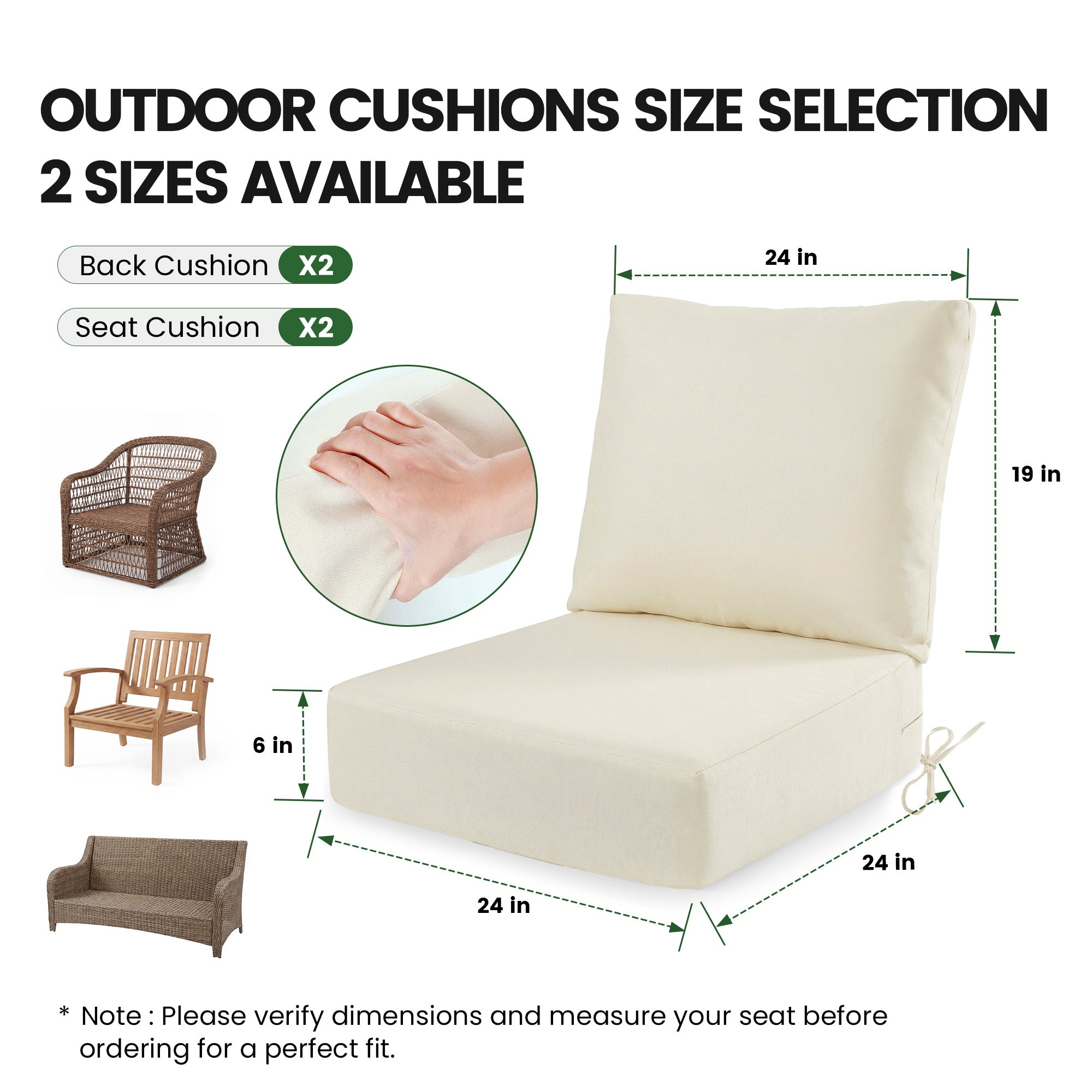 OL-HT049 OLILAWN Outdoor Seat Cushion 4 Sets, 24" *24" *6" Thicker Waterproof Patio Olefin Furniture Cushions, 30D High Density Foam Deep Seat & Back Cushion with Adjustable Straps & Removable Cover,Beige