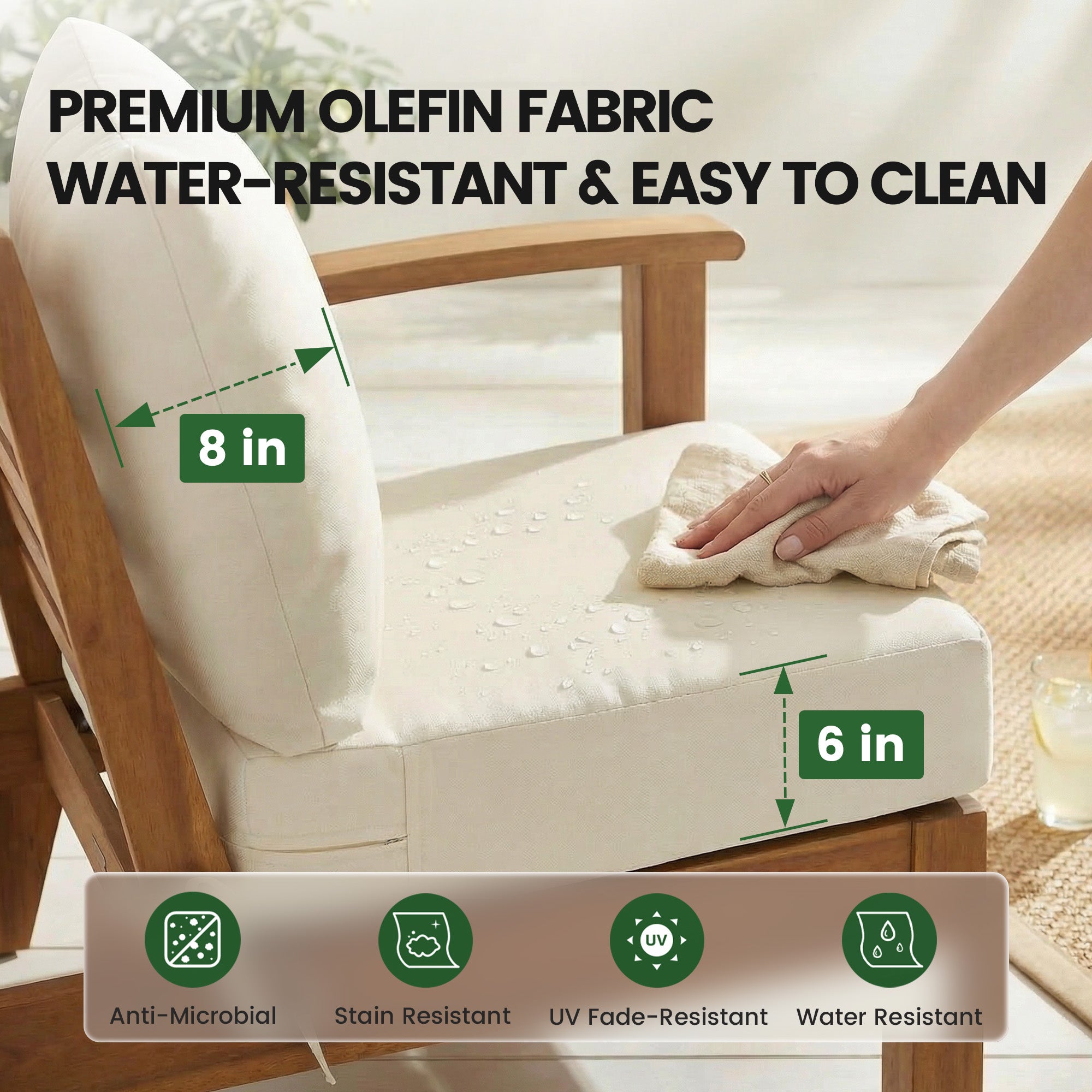 OL-HT049 OLILAWN Outdoor Seat Cushion 4 Sets, 24" *24" *6" Thicker Waterproof Patio Olefin Furniture Cushions, 30D High Density Foam Deep Seat & Back Cushion with Adjustable Straps & Removable Cover,Beige