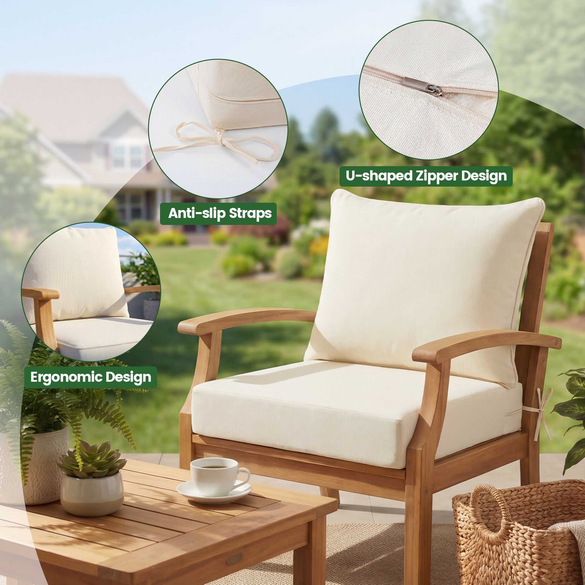 OL-HT049 OLILAWN Outdoor Seat Cushion 4 Sets, 24" *24" *6" Thicker Waterproof Patio Olefin Furniture Cushions, 30D High Density Foam Deep Seat & Back Cushion with Adjustable Straps & Removable Cover,Beige