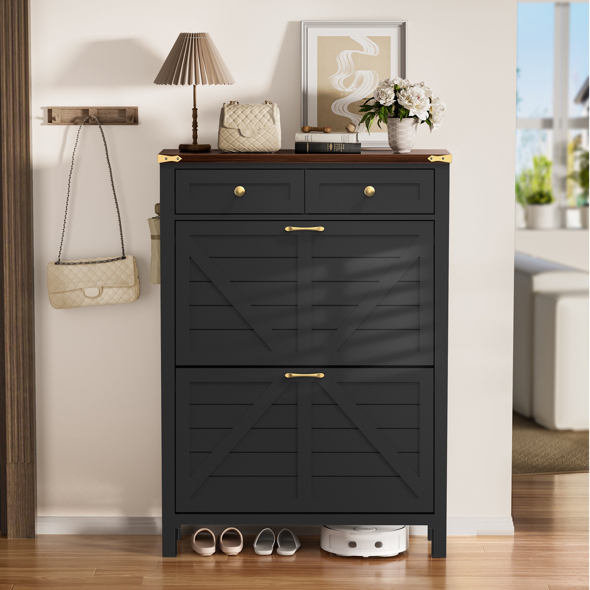Compact Shoe Storage Cabinet with 2 Flip Drawers and 2 Drawers for Keys & Wallets - Ideal for Narrow Spaces, EN001