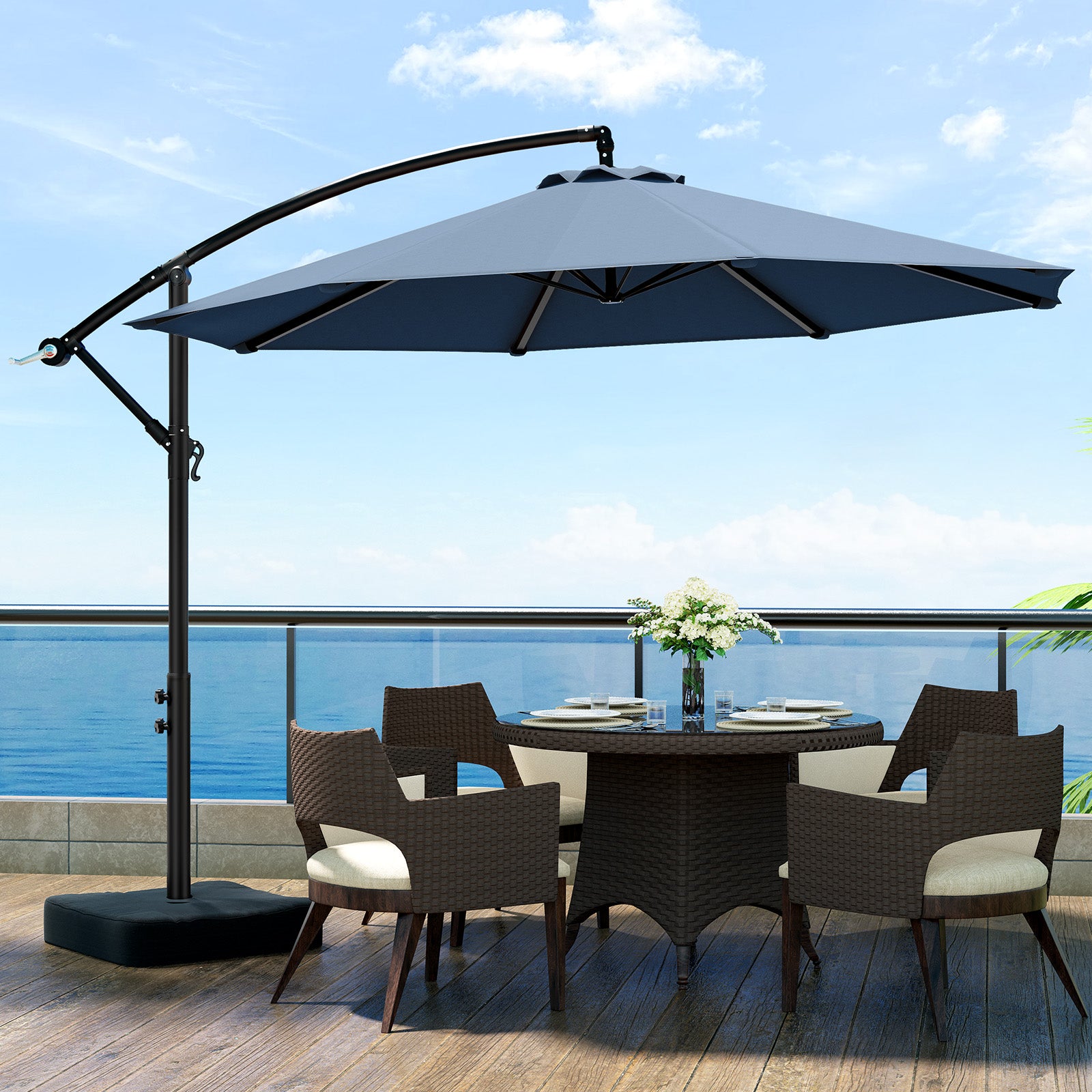 Olilawn 10ft Patio Umbrella with Base, Outdoor Large Round Offset Cantilever Umbrella, Champagne-OL-HT032