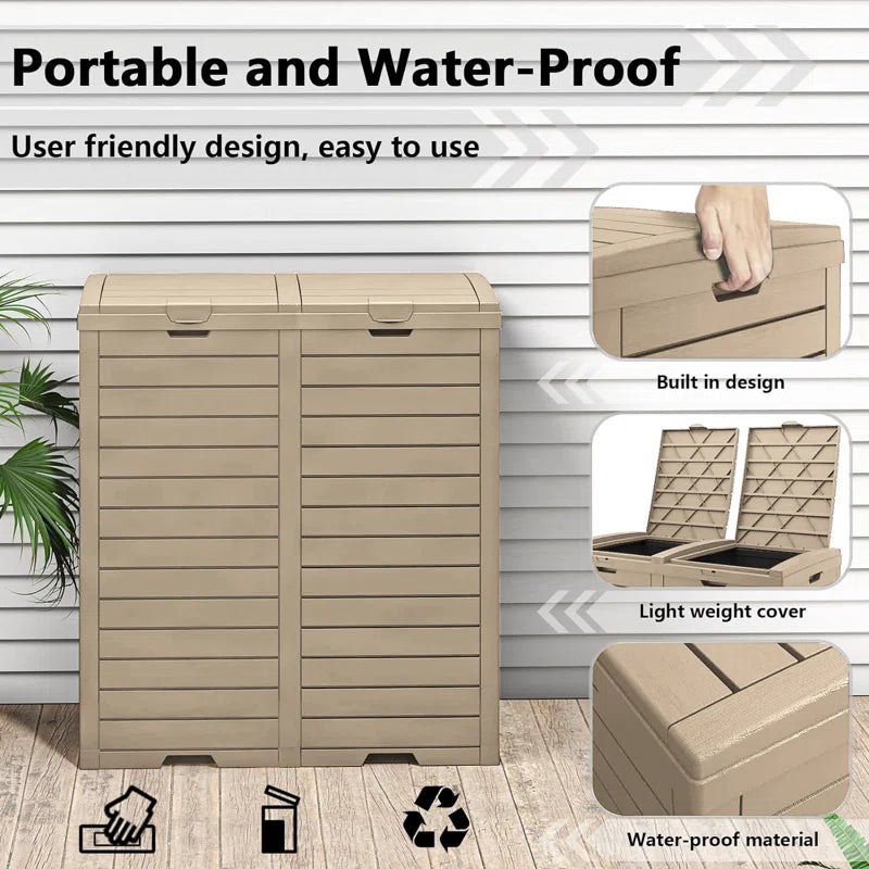 62 Gallon Dual Outdoor Trash Can with Lid-Brown