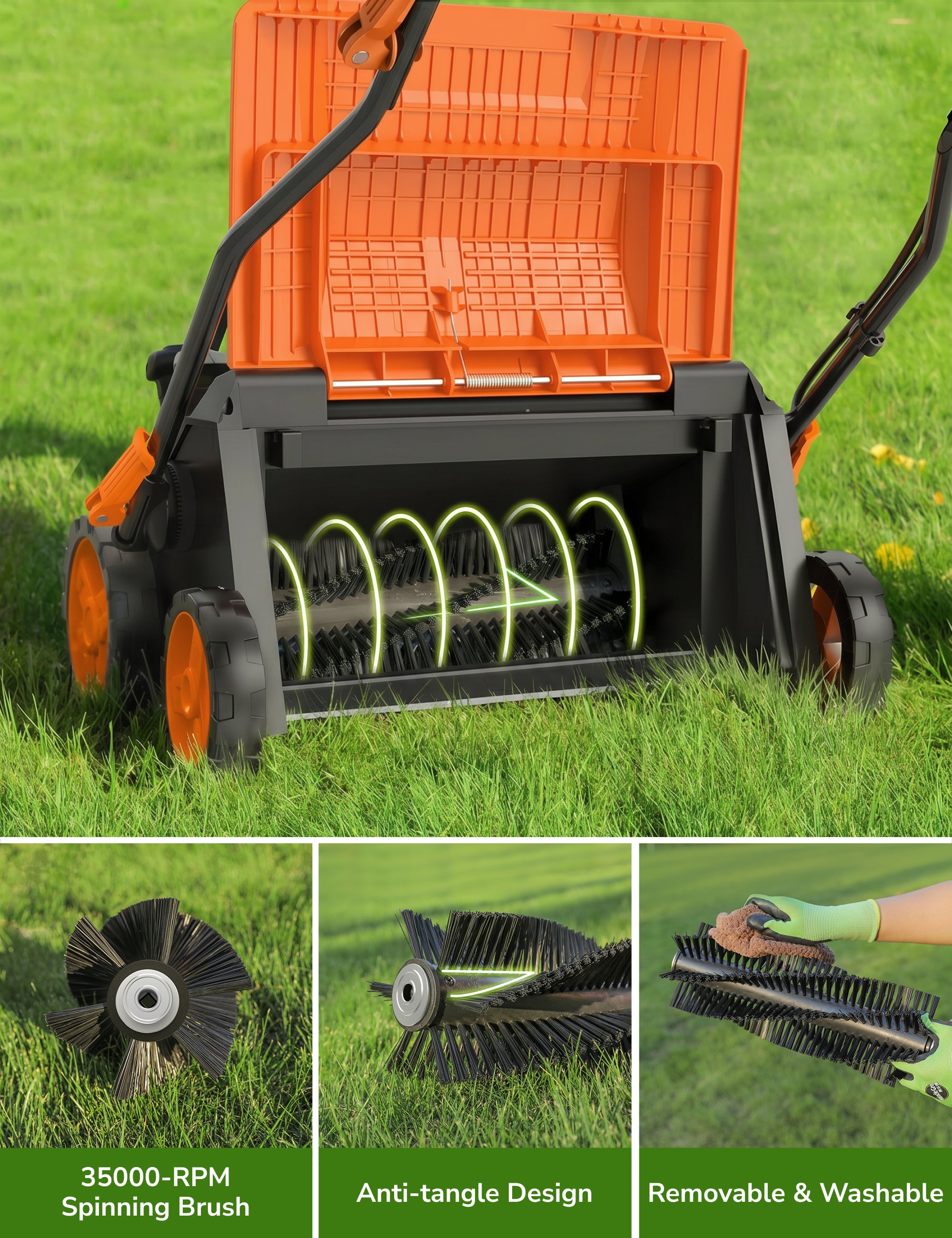 OLILAWN Artificial Turf Sweeper, 16 Inch Power Broom for Artificial Grass, 2000W Turf Vacuum with 55L Collection Bag, Amber